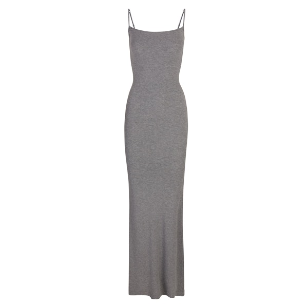 SOFT LOUNGE LONG SLIP DRESS | HEATHER GREY LAYS FLAT ON A WHITE BACKGROUND | FLT