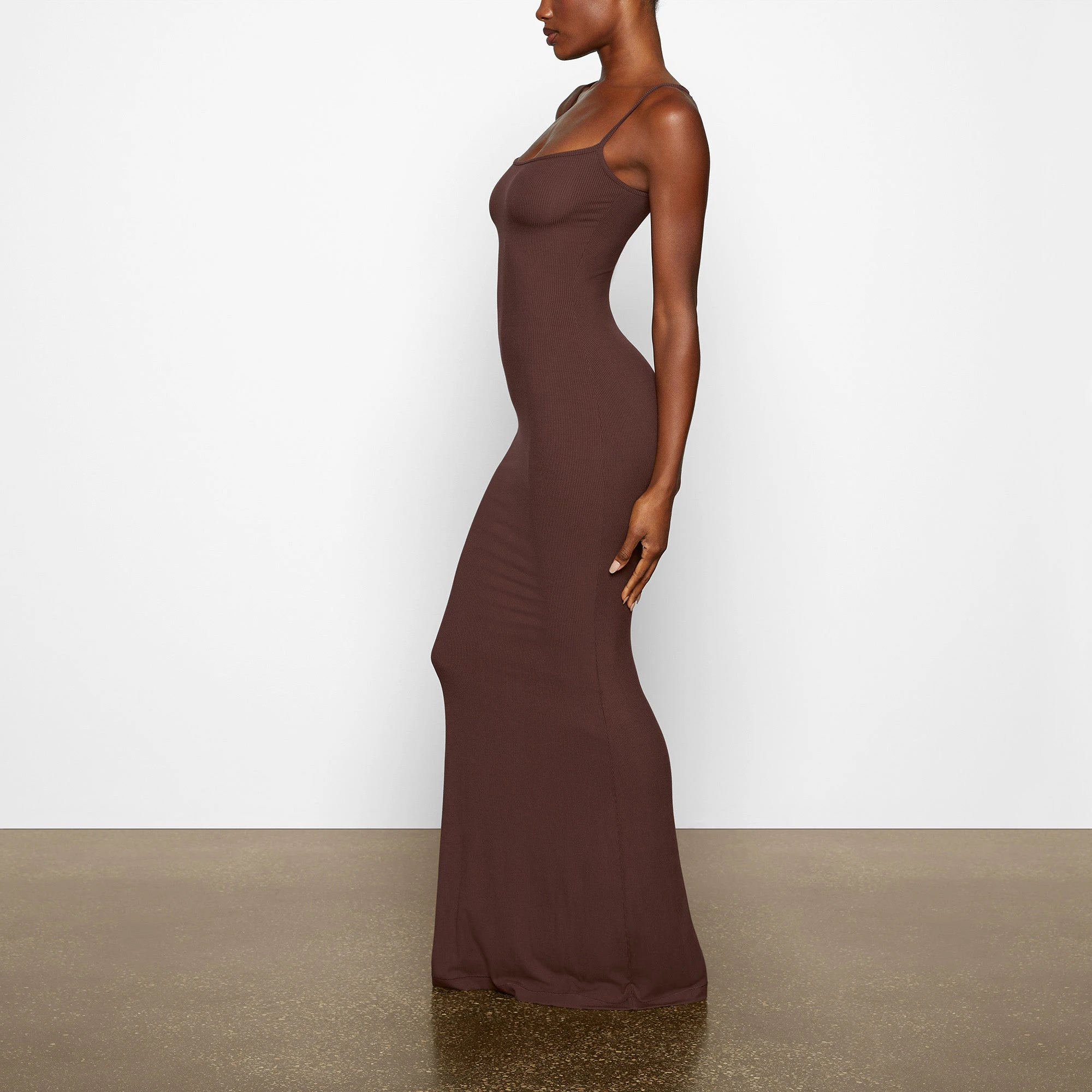 SOFT LOUNGE LONG SLIP DRESS WORN BY A MODEL IN SIDE VIEW
