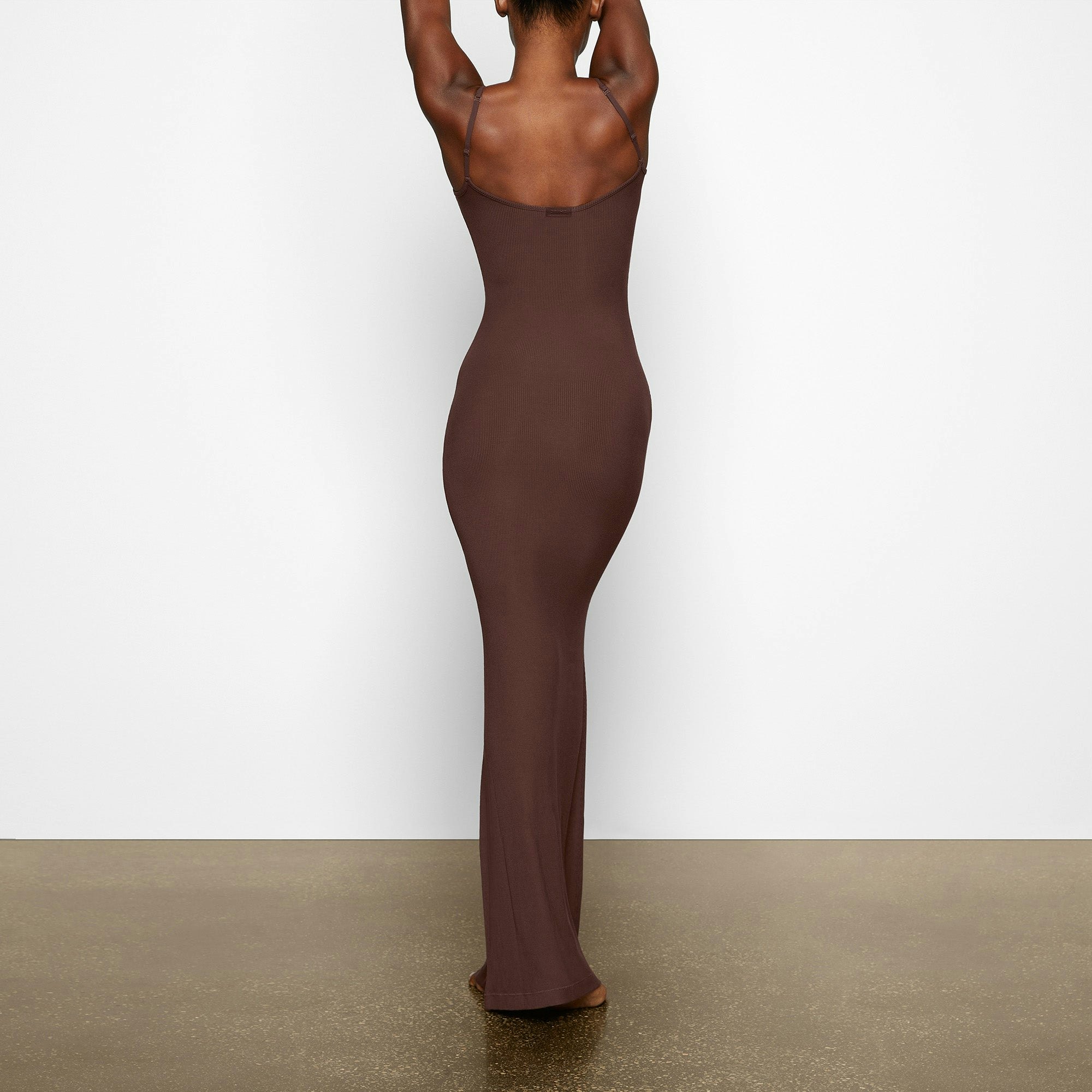 SOFT LOUNGE LONG SLIP DRESS WORN BY A MODEL IN BACK VIEW