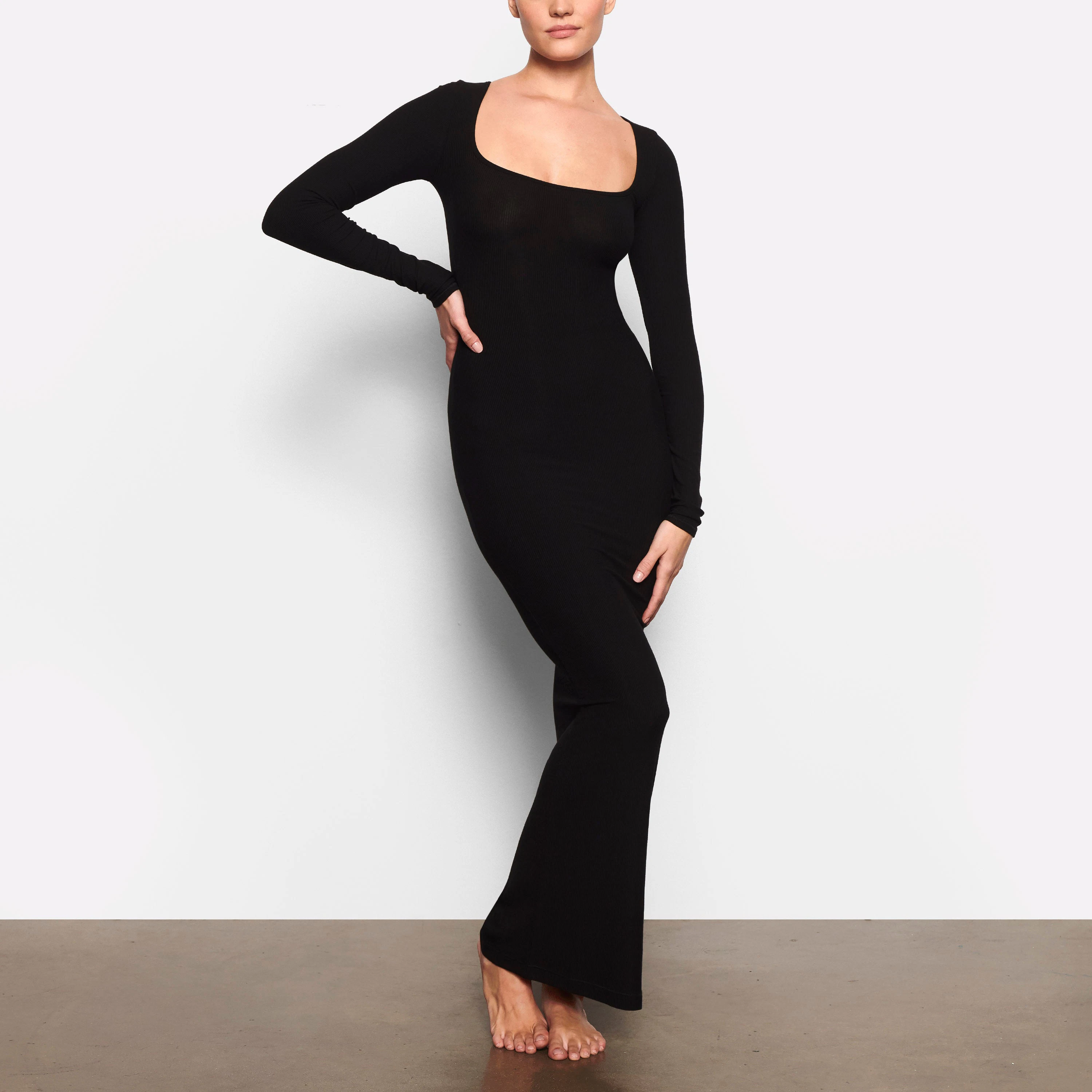 WORN BY A MODEL IN FRONT VIEW SOFT LOUNGE LONG SLEEVE DRESS IN ONYX