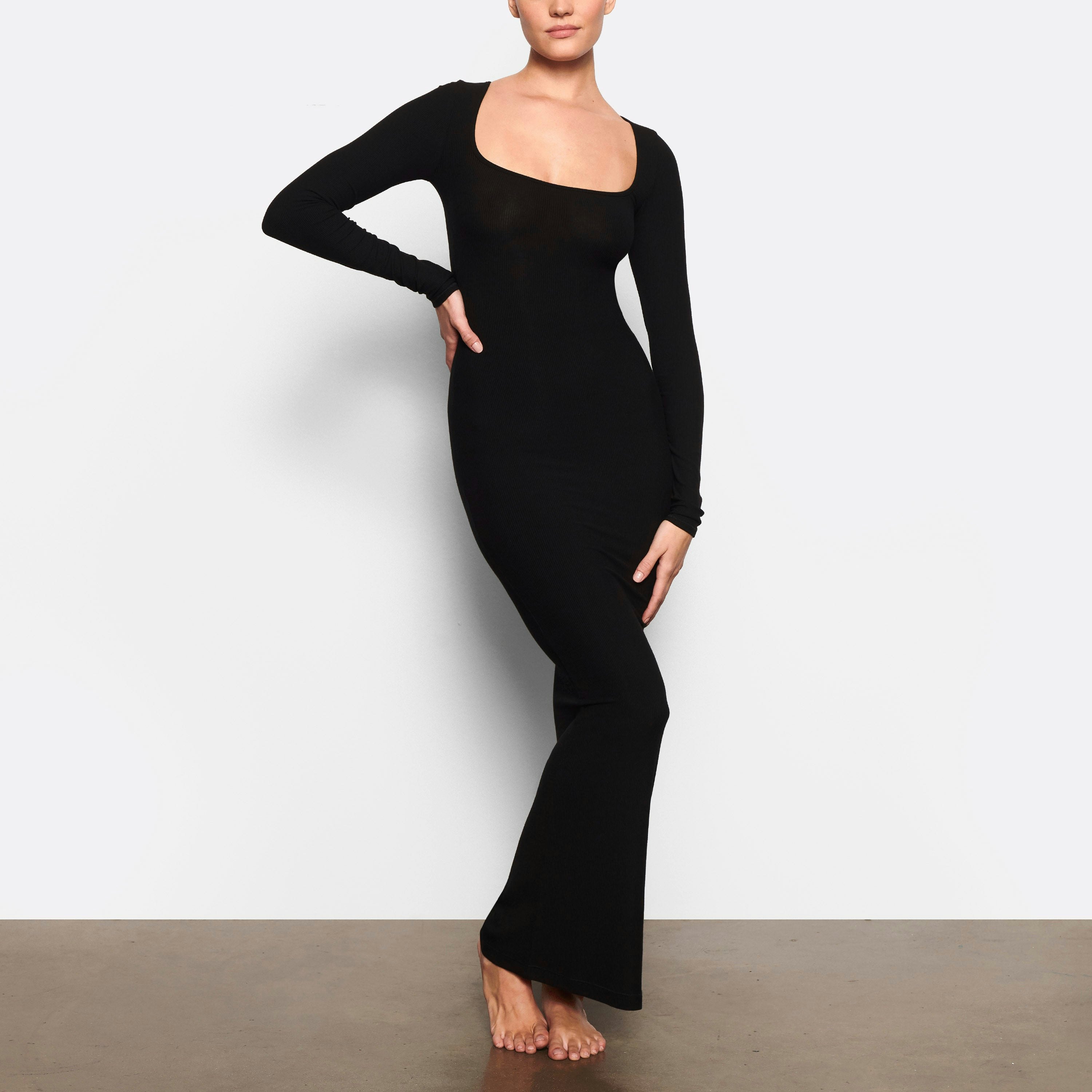 WORN BY A MODEL IN FRONT VIEW SOFT LOUNGE LONG SLEEVE DRESS IN ONYX | SEE: XXS, XS, S