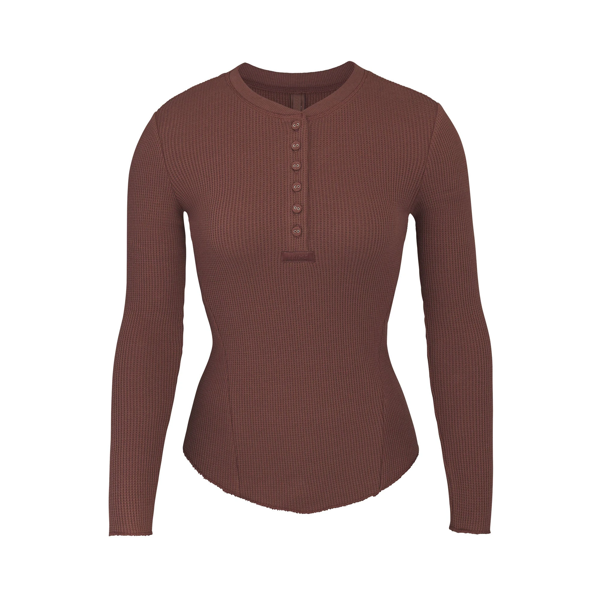 WAFFLE LONG SLEEVE HENLEY LAYS FLAT ON A WHITE BACKGROUND