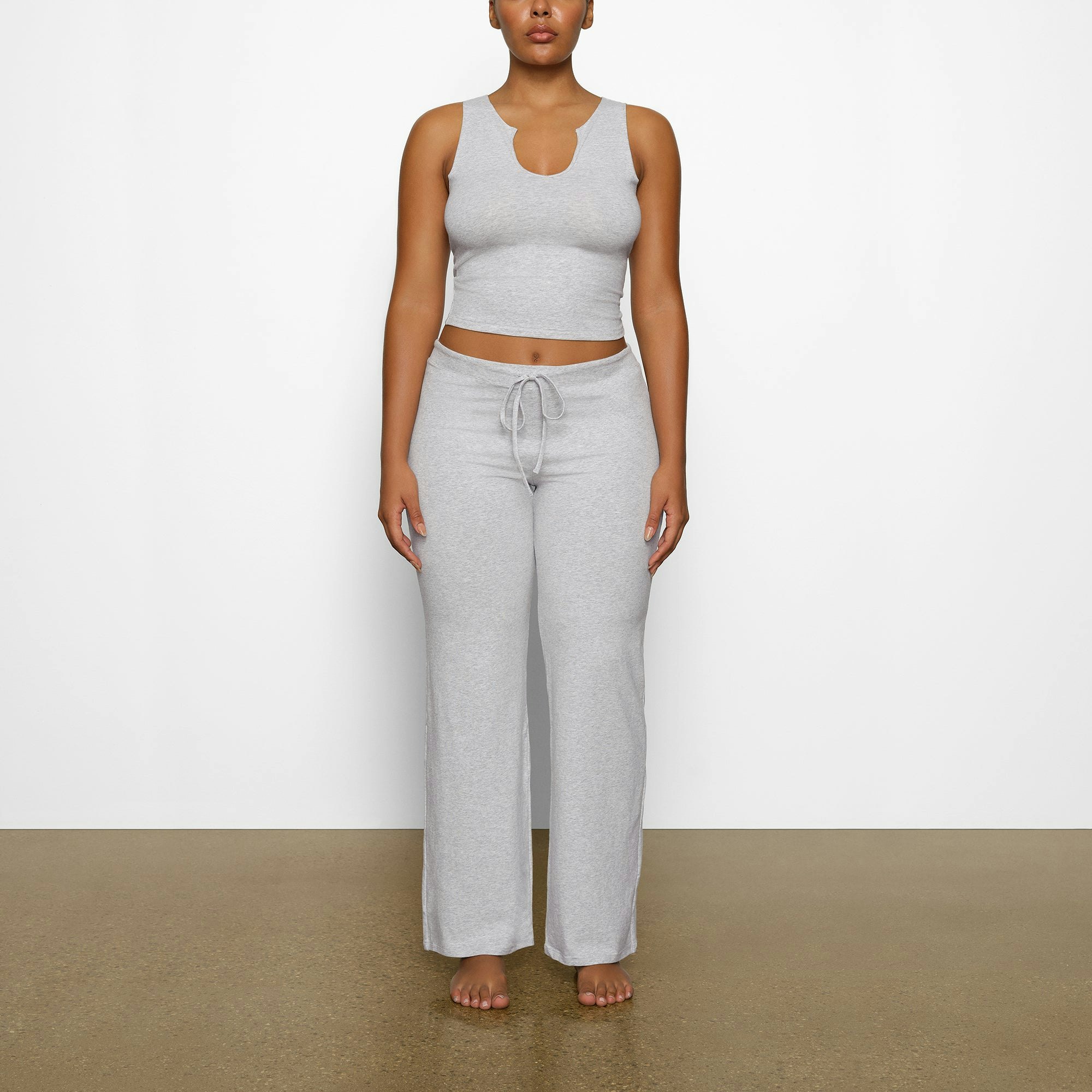 COTTON JERSEY STRAIGHT LEG PANT WORN BY A MODEL IN FRONT VIEW