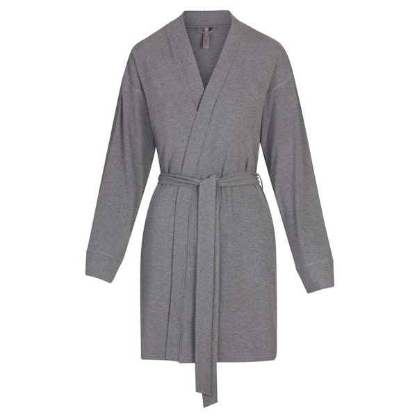 SOFT LOUNGE ROBE | HEATHER GREY (SHORT ROBES) LAYS FLAT ON A WHITE BACKGROUND | FLT
