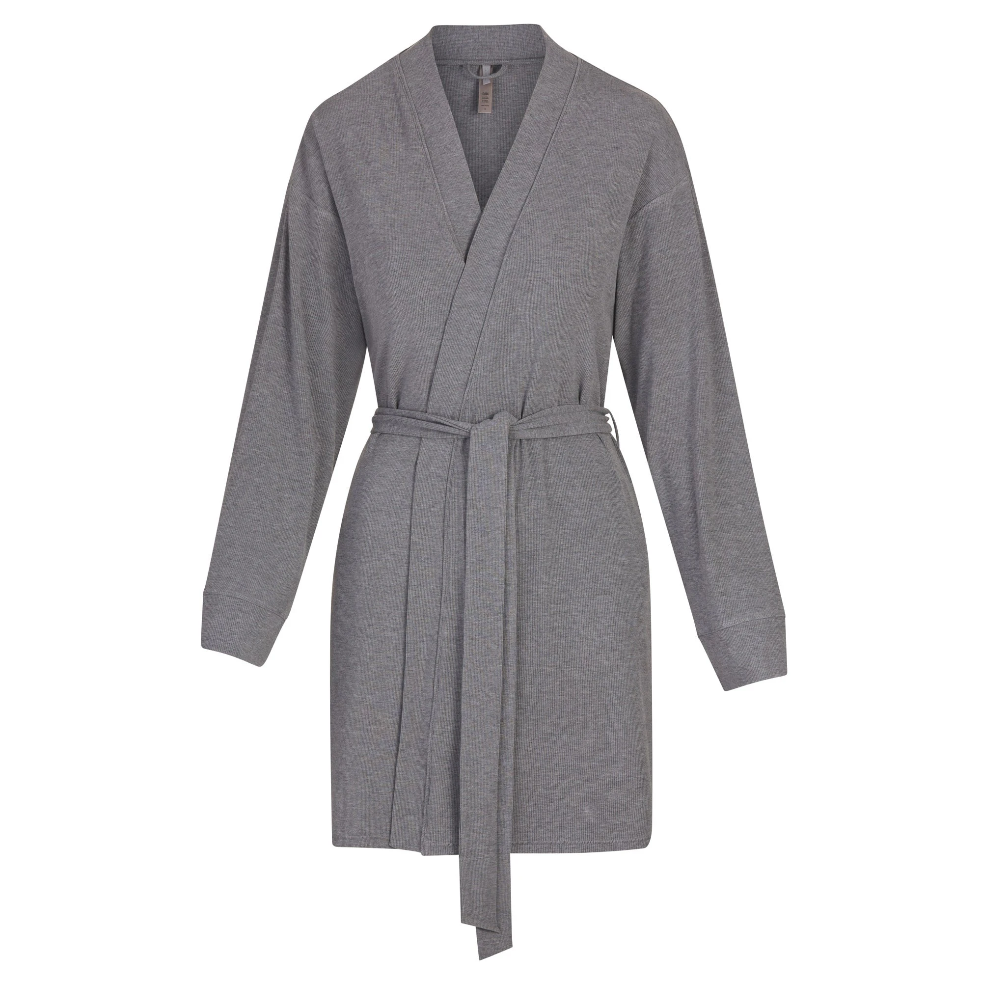 SOFT LOUNGE ROBE | HEATHER GREY (SHORT ROBES) LAYS FLAT ON A WHITE BACKGROUND | FLT