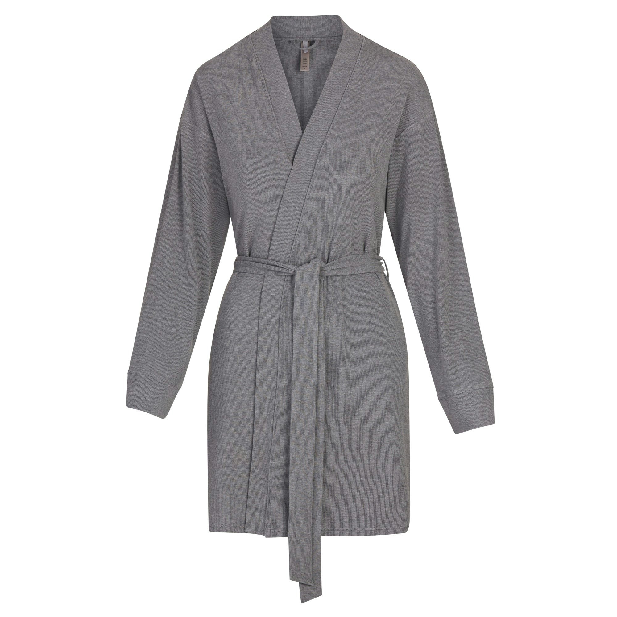 SOFT LOUNGE ROBE | HEATHER GREY (SHORT ROBES) LAYS FLAT ON A WHITE BACKGROUND | FLT
