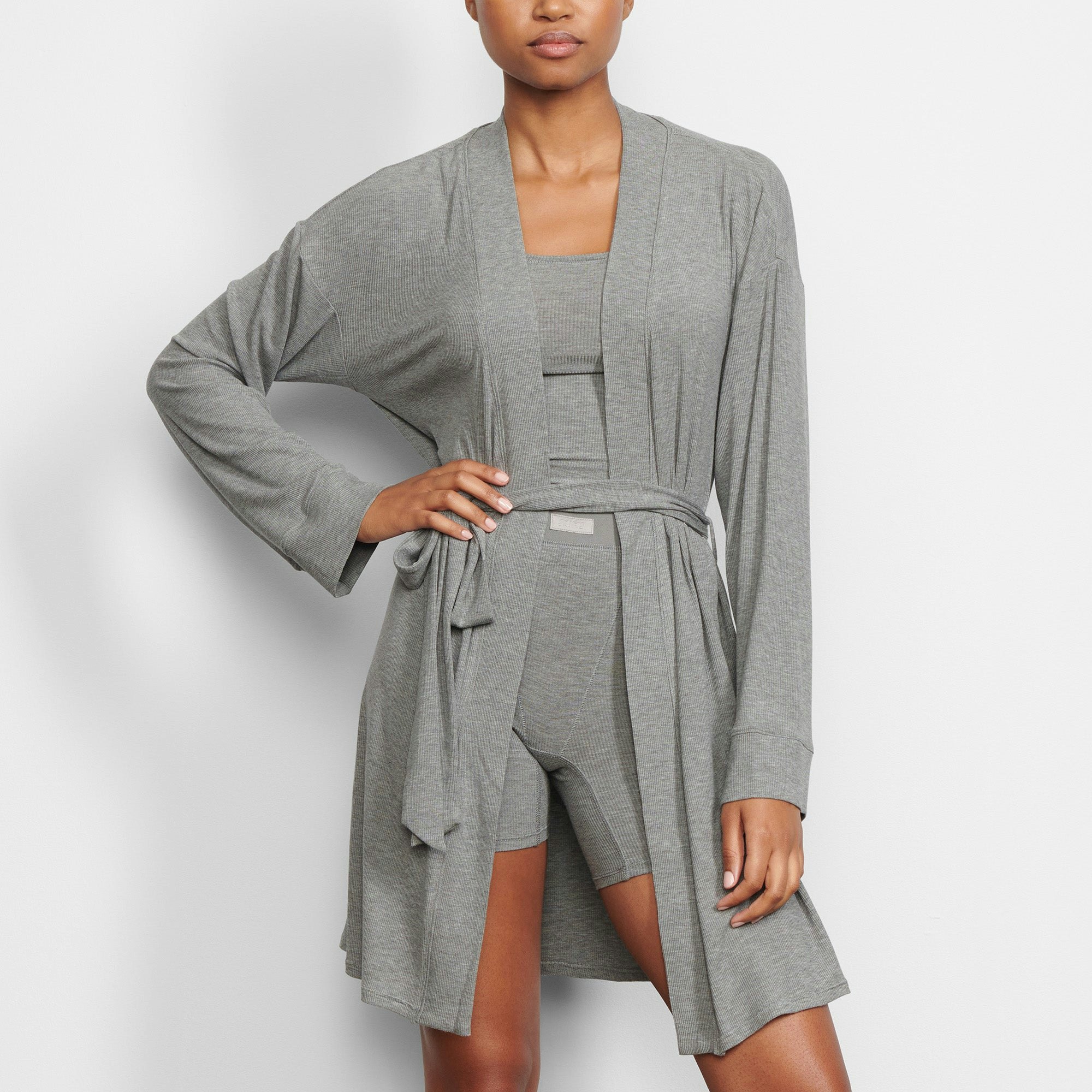 WORN BY A MODEL IN FRONT VIEW SOFT LOUNGE ROBE