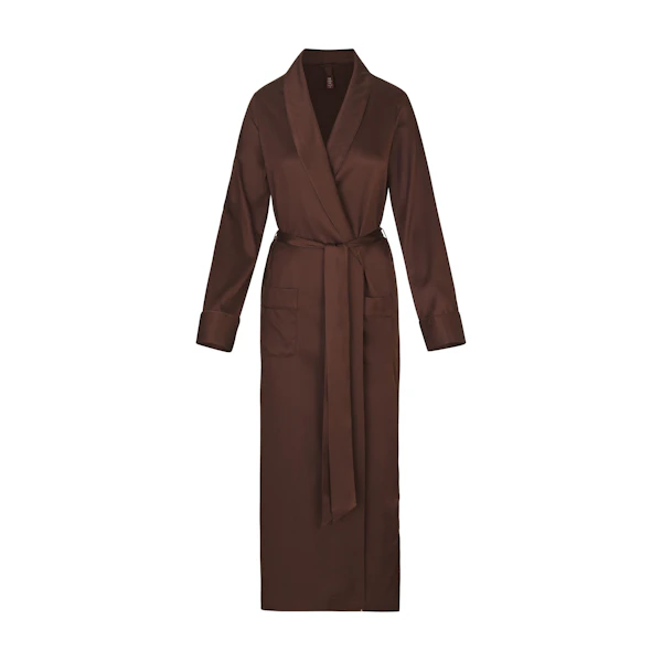 SILK SLEEP ROBE | COCOA LAYS FLAT ON A WHITE BACKGROUND