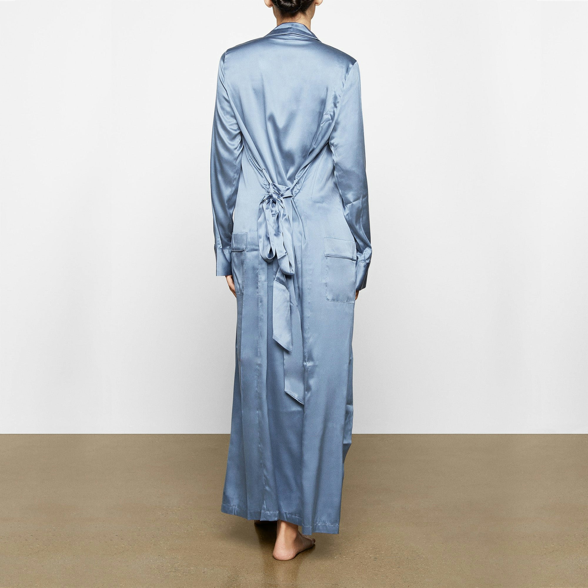 SILK SLEEP ROBE WORN BY A MODEL IN BACK VIEW