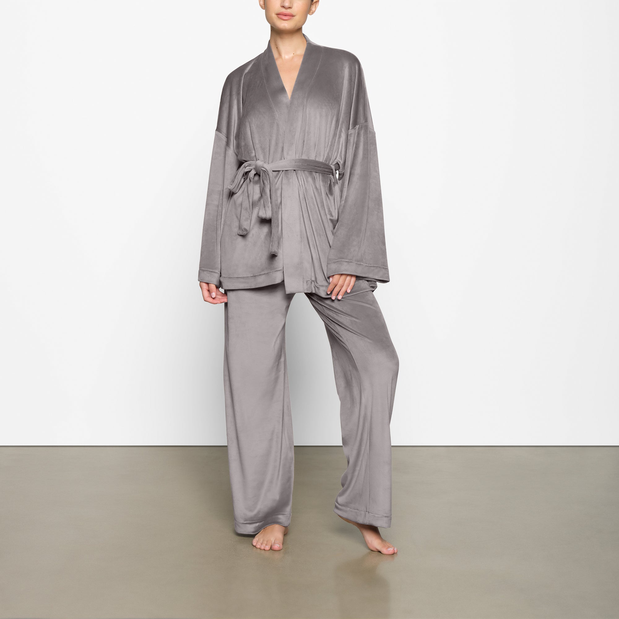 VELOUR WRAP SLEEP SET WORN BY A MODEL IN FRONT VIEW | SEE: XXS, XS, S