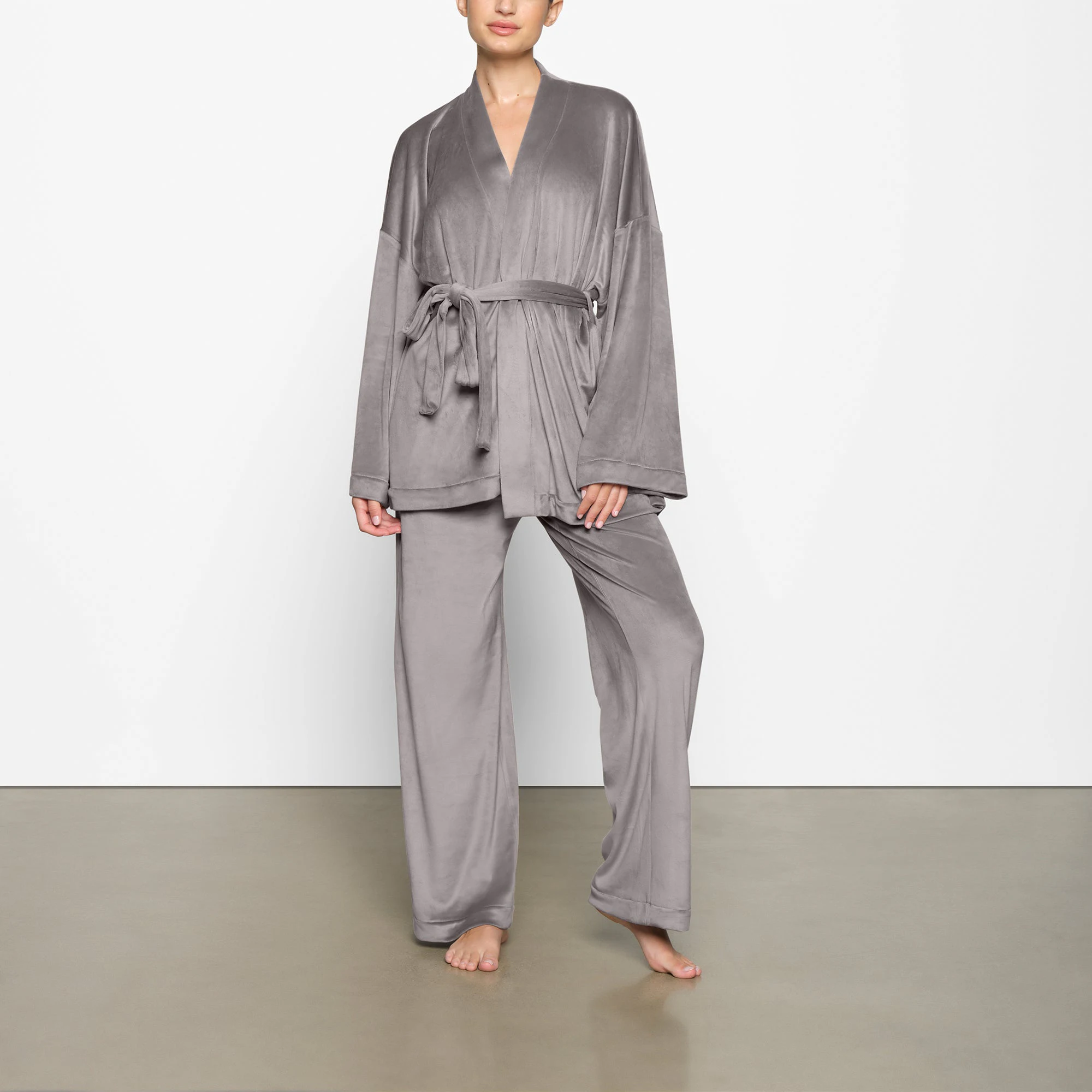 VELOUR WRAP SLEEP SET WORN BY A MODEL IN FRONT VIEW | SEE: XXS, XS, S