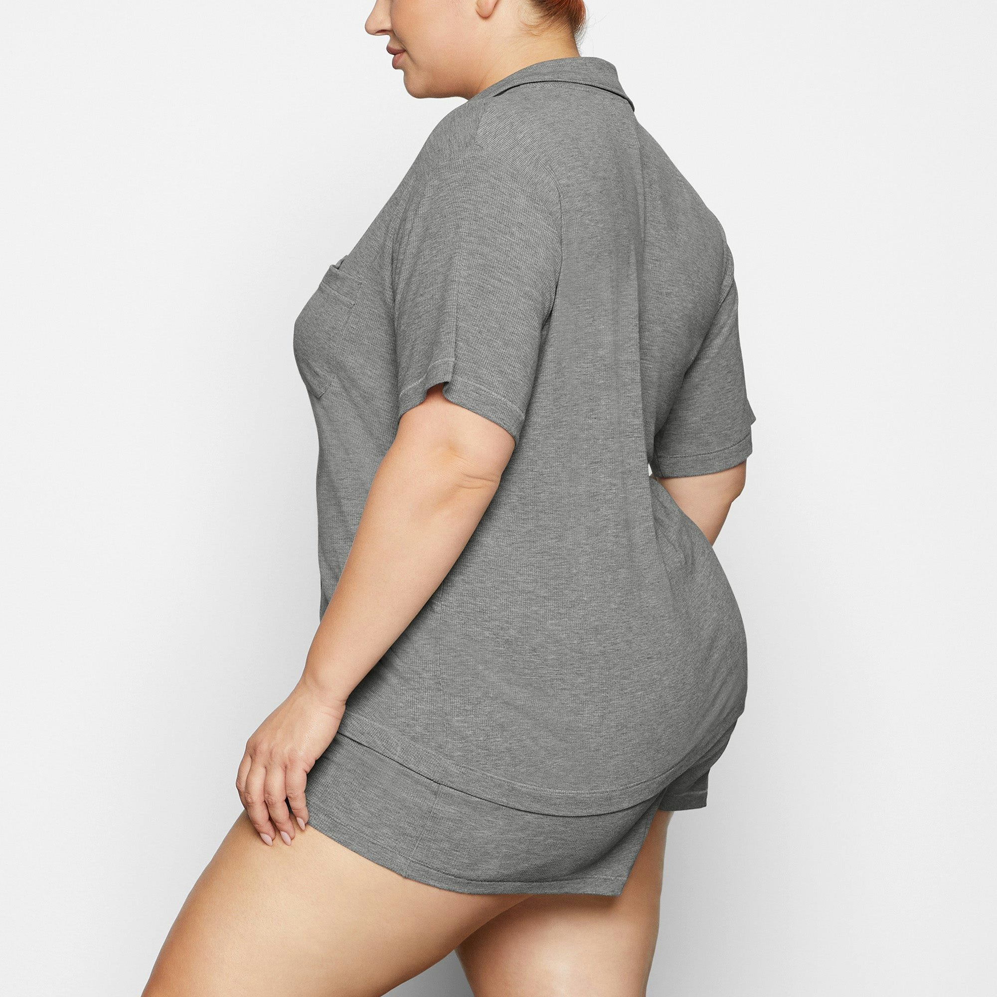 SOFT LOUNGE SHORT SLEEP SET WORN BY A MODEL IN SIDE VIEW