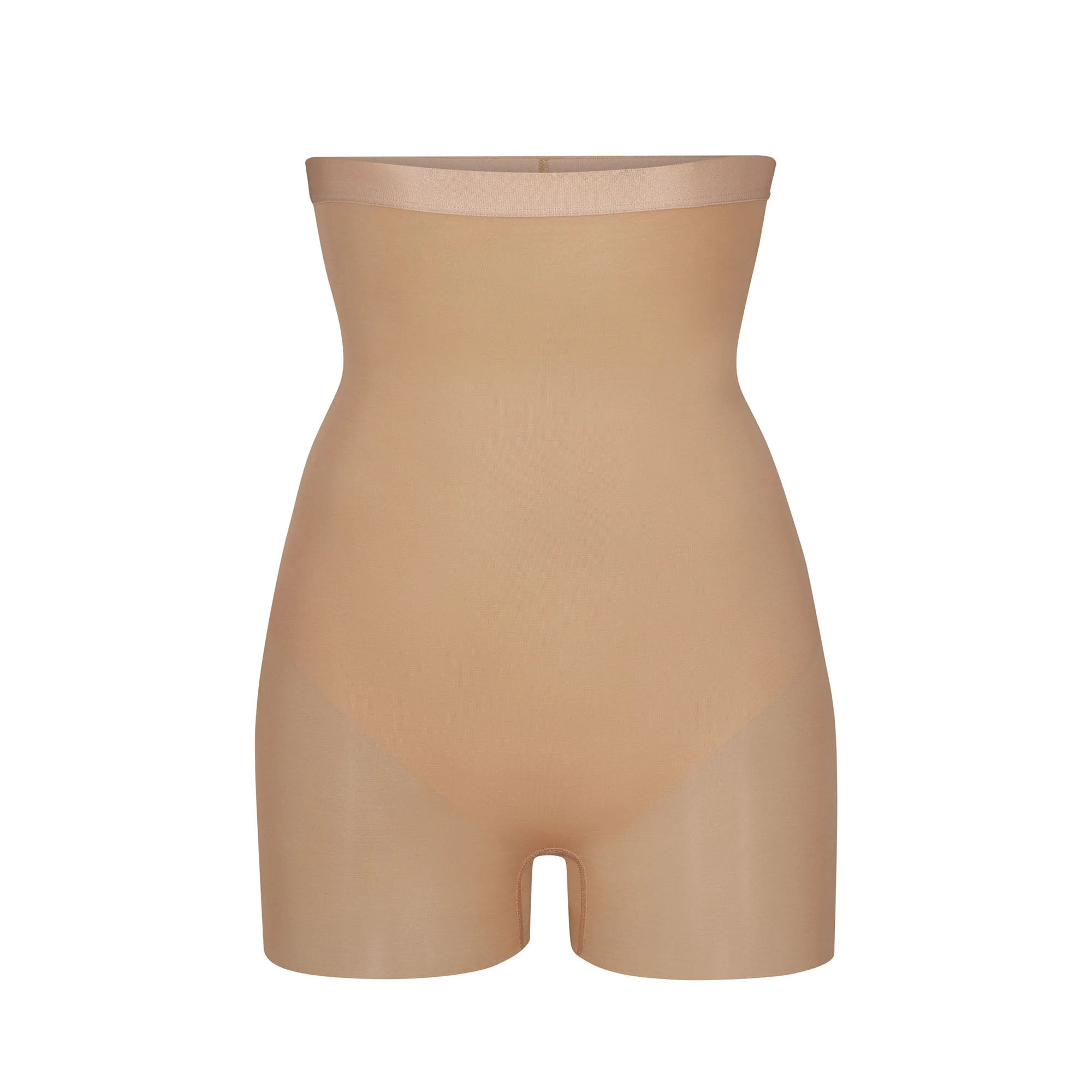 SIMPLY BARE HIGH-WAISTED SHORTIE | CLAY (SHAPEWEAR SHORTS, SHAPEWEAR) LAYS FLAT ON A WHITE BACKGROUND | FLT