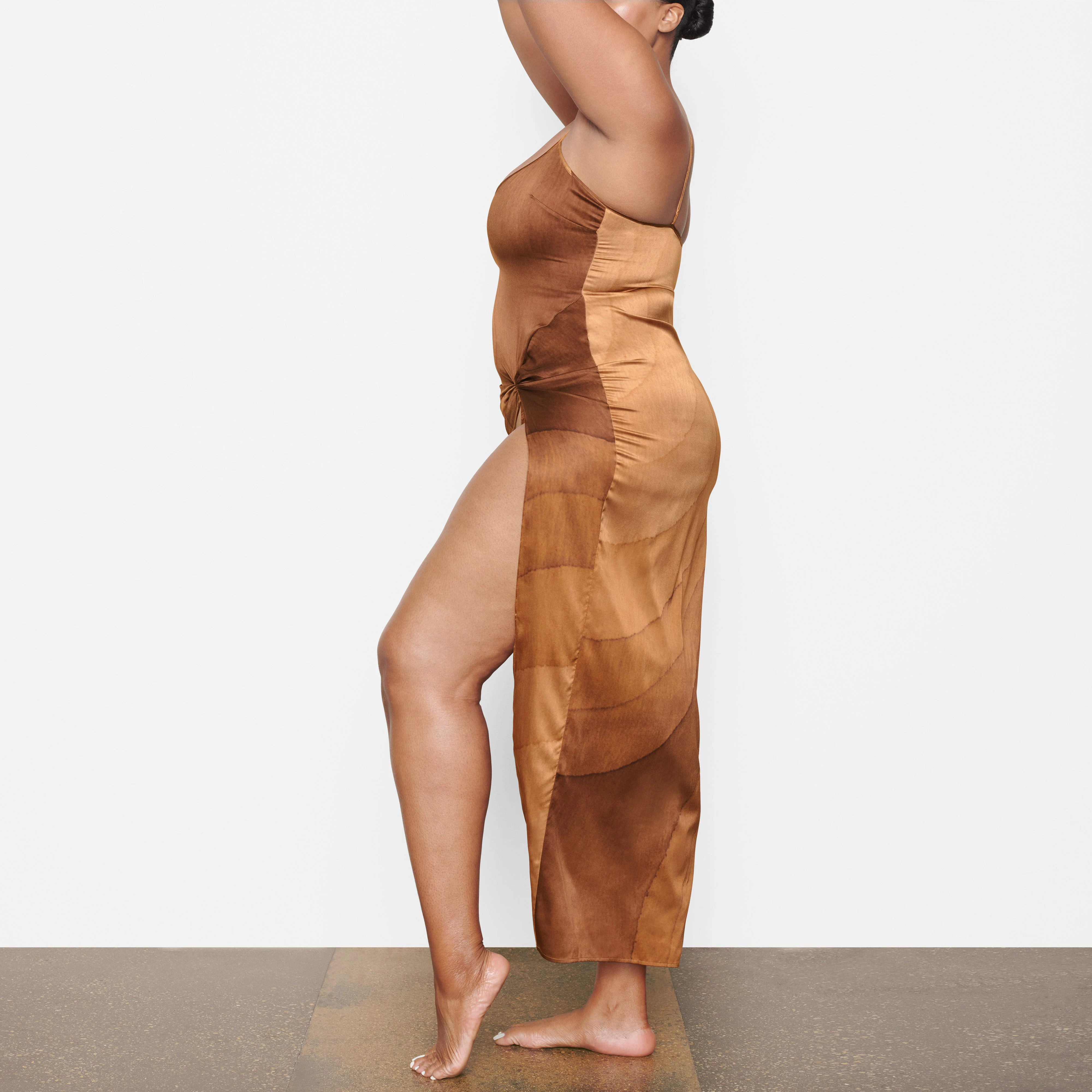 SILK SLEEP SLIP WITH HIGH SLIT ON A MODEL