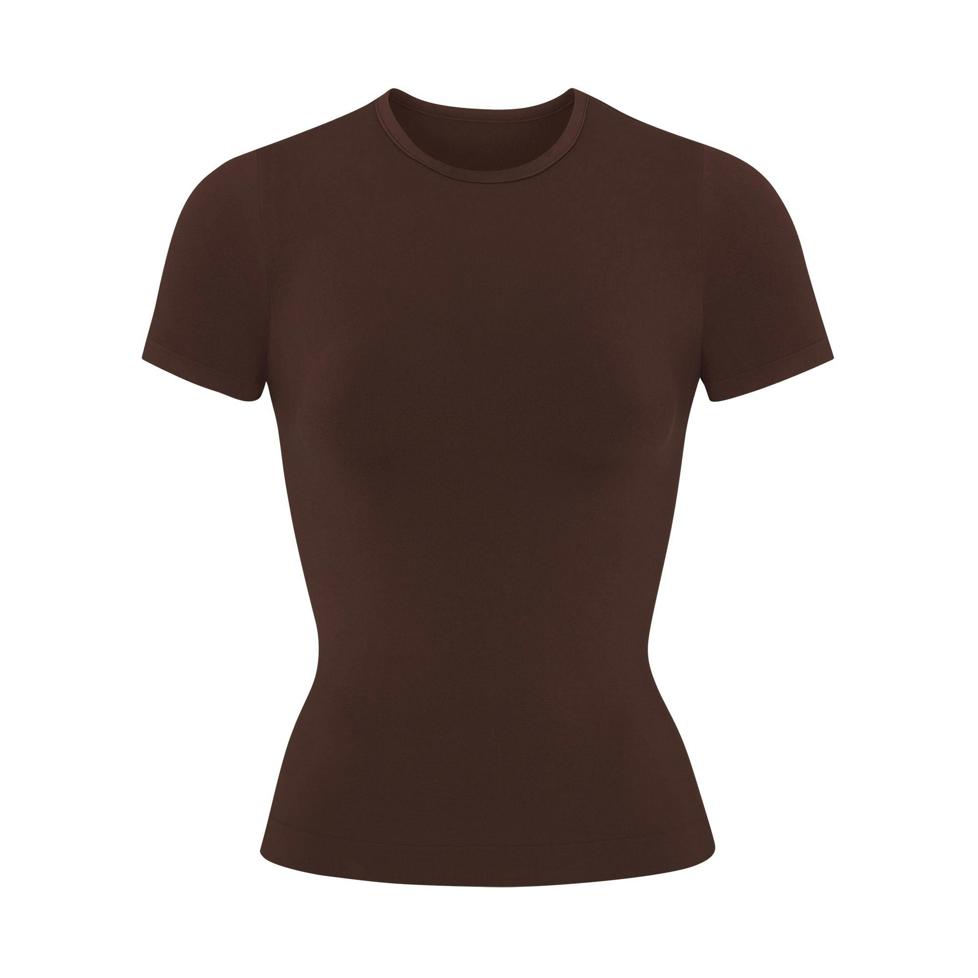 SOFT SMOOTHING SEAMLESS T-SHIRT | COCOA (T-SHIRTS, TOPS) LAYS FLAT ON A WHITE BACKGROUND | FLT
