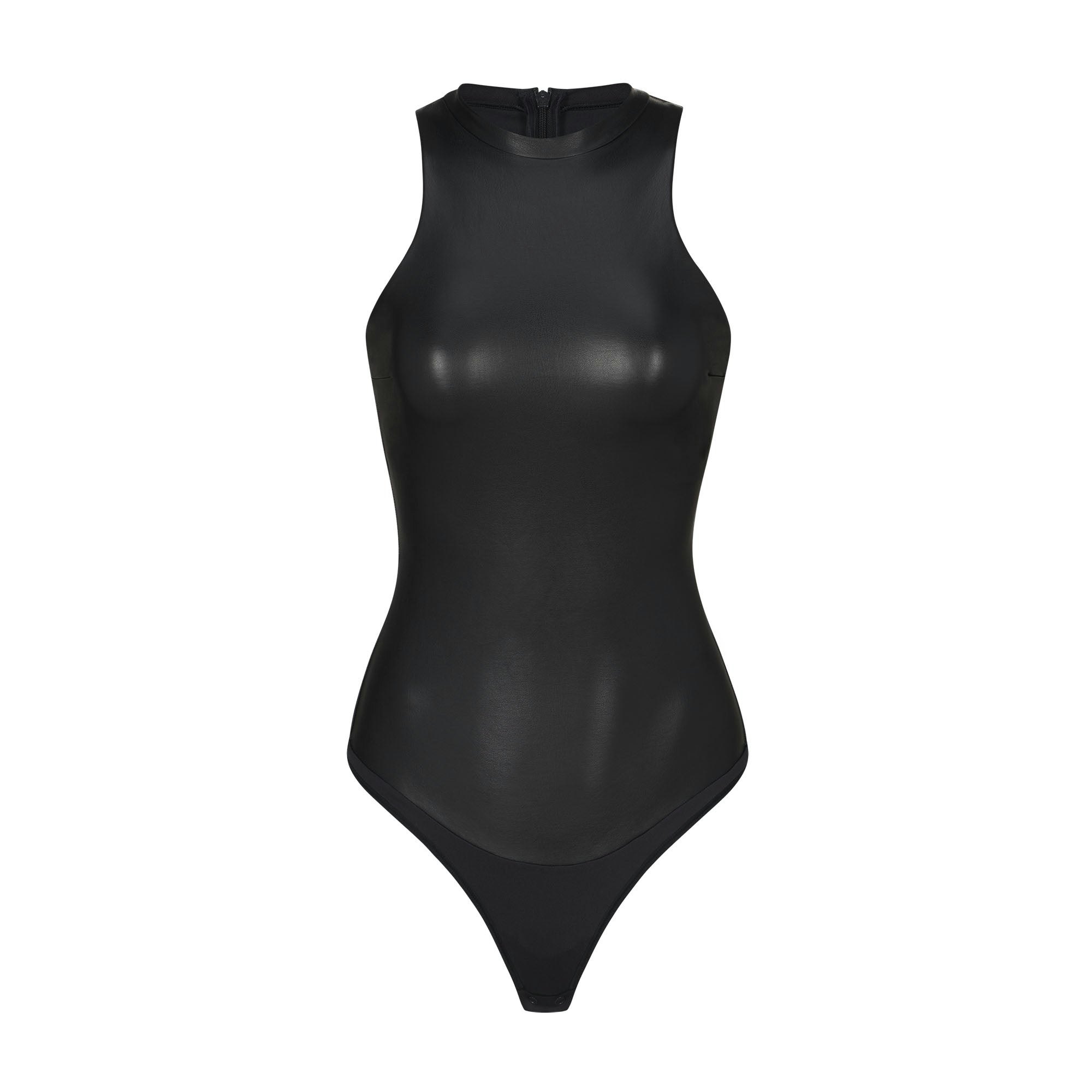 FAUX LEATHER HIGH NECK BODYSUIT LAYS FLAT ON A WHITE BACKGROUND