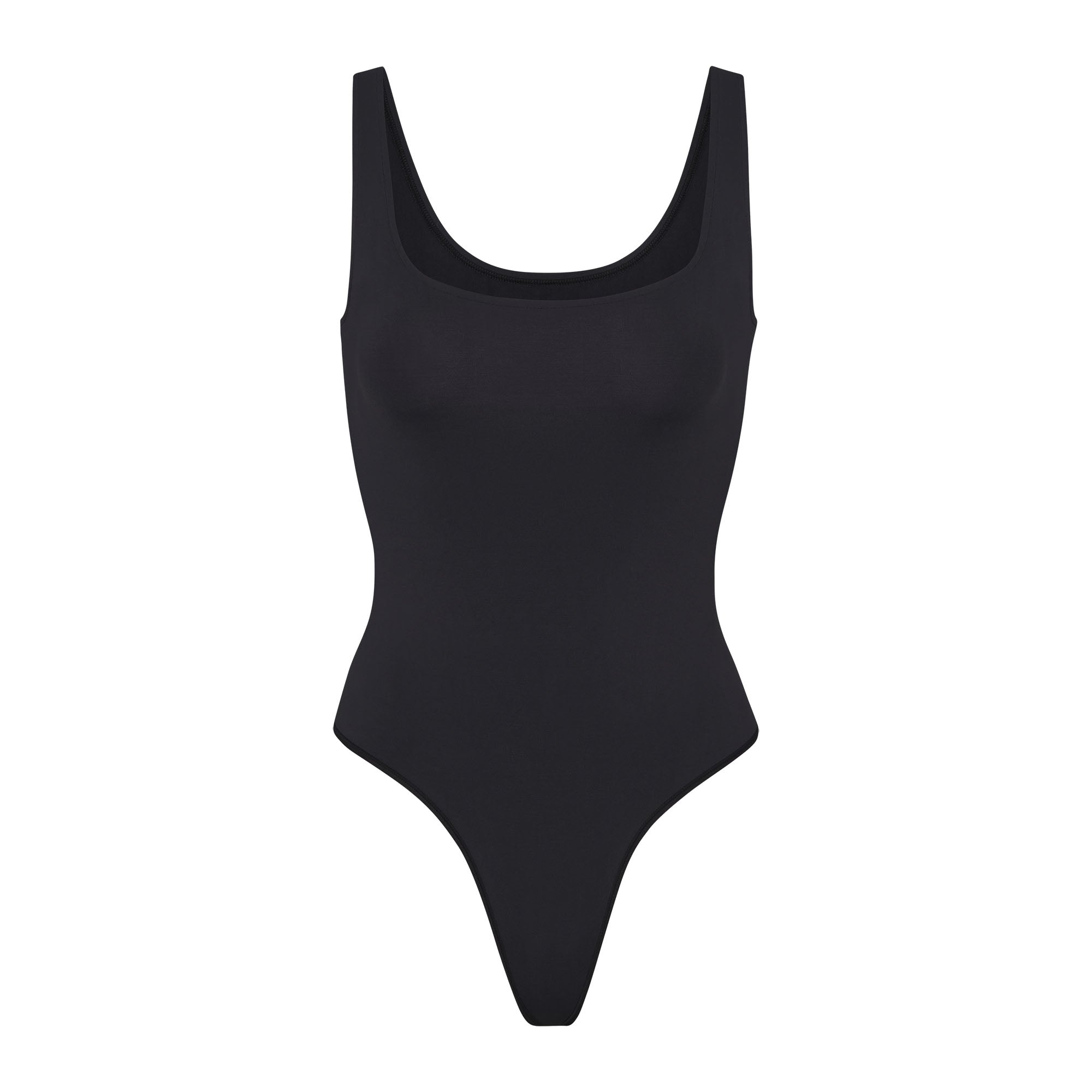 SOFT SMOOTHING SEAMLESS THONG BODYSUIT | ONYX (BODYSUITS) LAYS FLAT ON A WHITE BACKGROUND | FLT