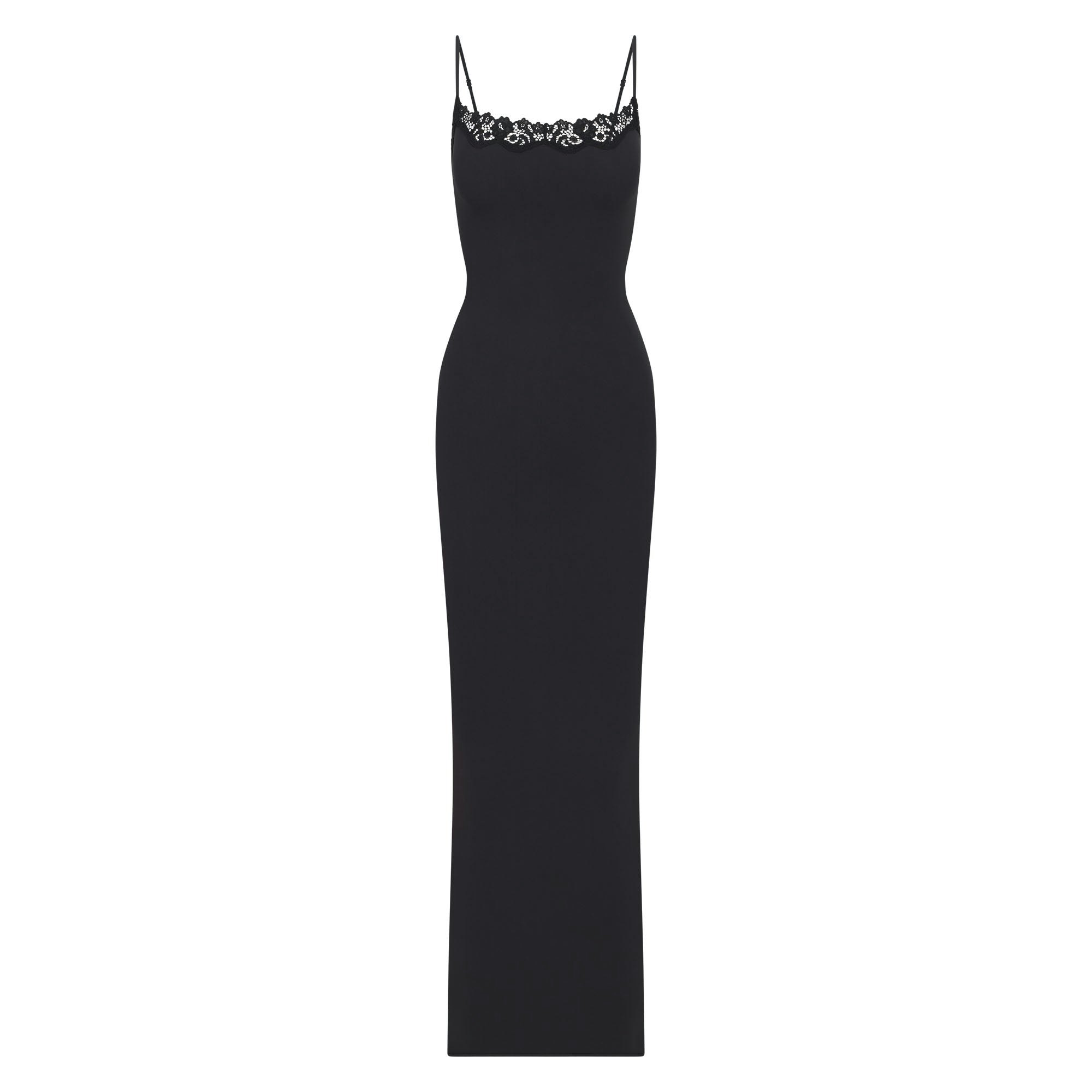 FITS EVERYBODY LACE LONG SLIP DRESS | ONYX (LONG DRESSES) LAYS FLAT ON A WHITE BACKGROUND | FLT