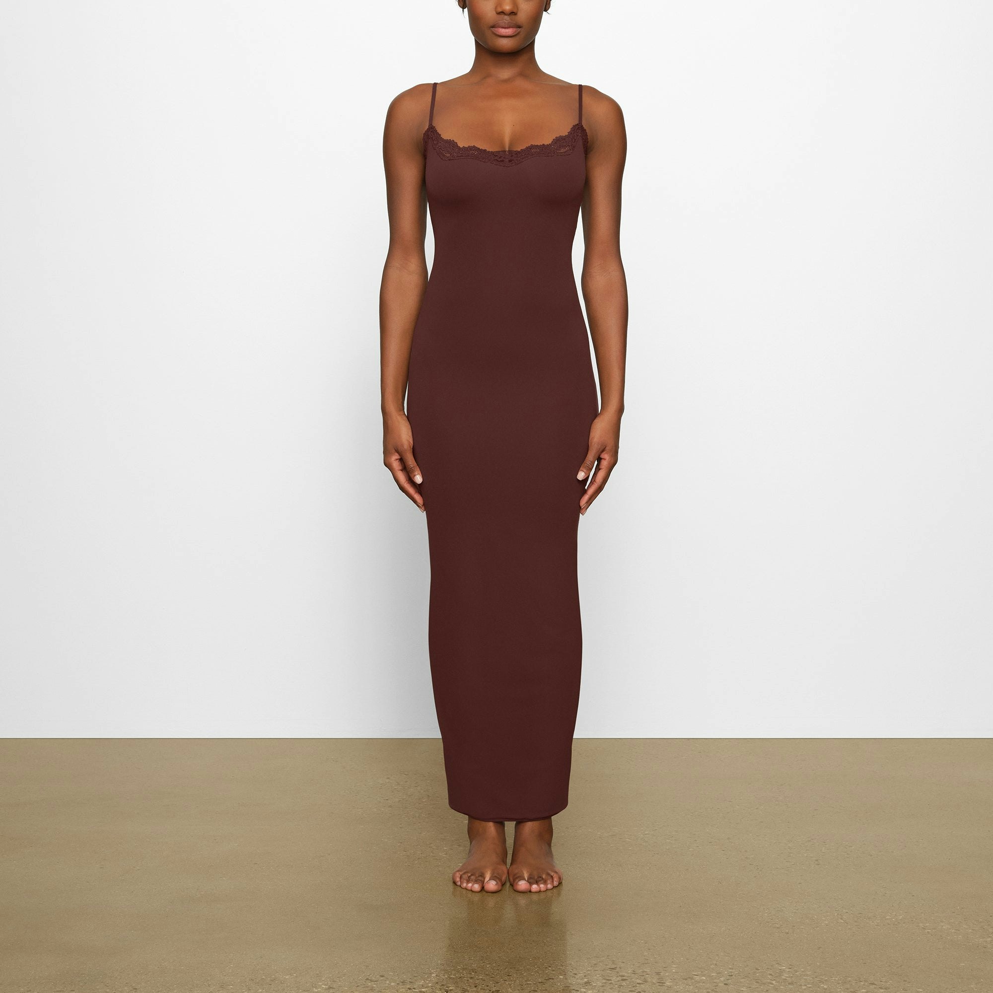 FITS EVERYBODY LACE LONG SLIP DRESS WORN BY A MODEL IN FRONT VIEW | SEE: XXS, XS, S