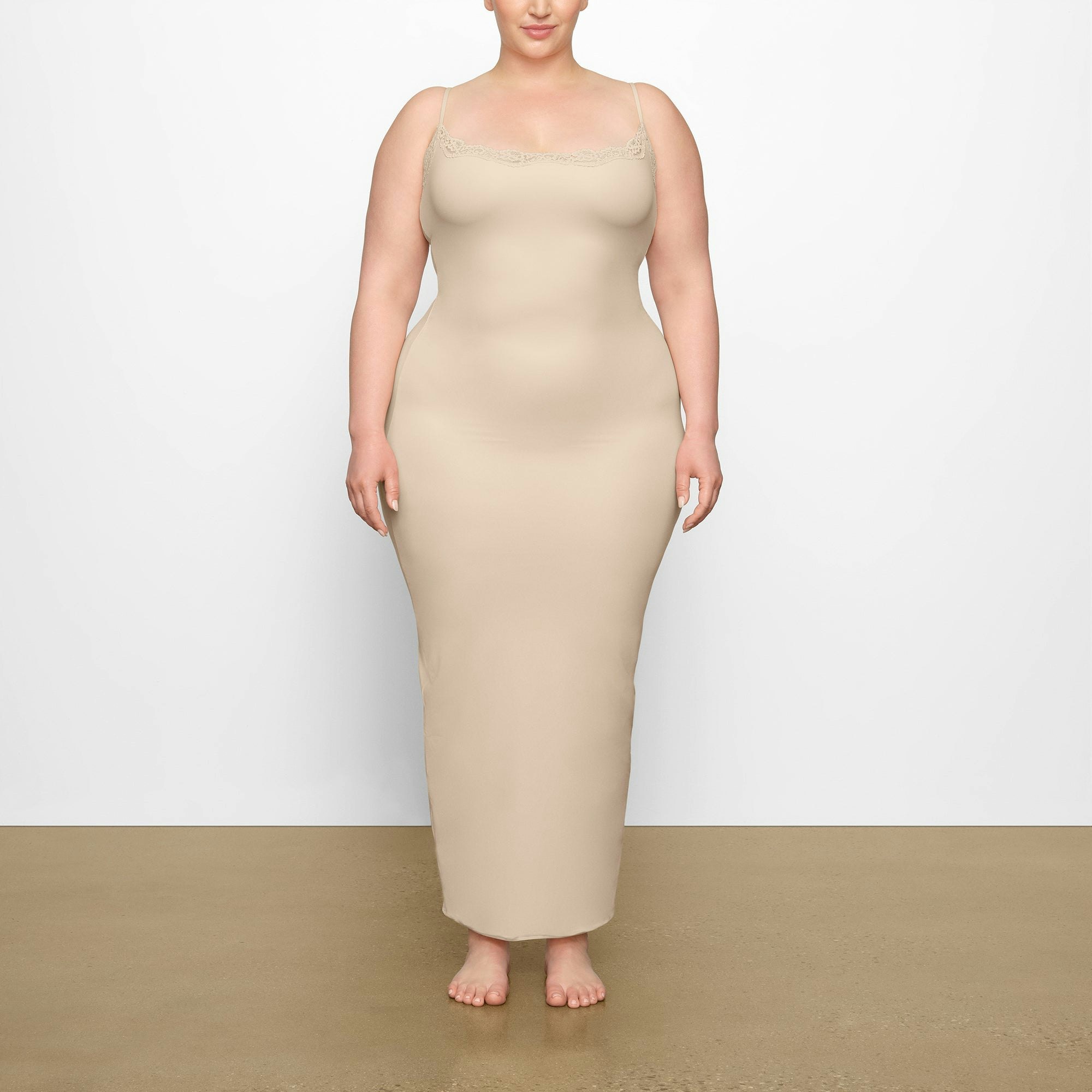 FITS EVERYBODY LACE LONG SLIP DRESS WORN BY A MODEL IN FRONT VIEW | SEE: 2X, 3X, 4X