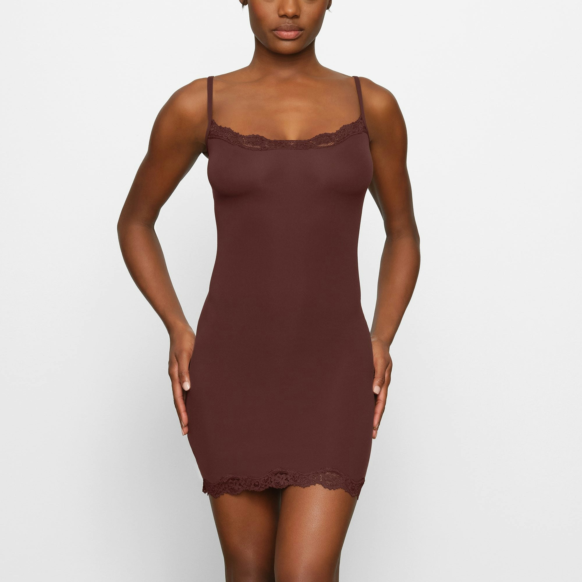 FITS EVERYBODY LACE SLIP DRESS WORN BY A MODEL IN FRONT VIEW | SEE: XXS, XS, S