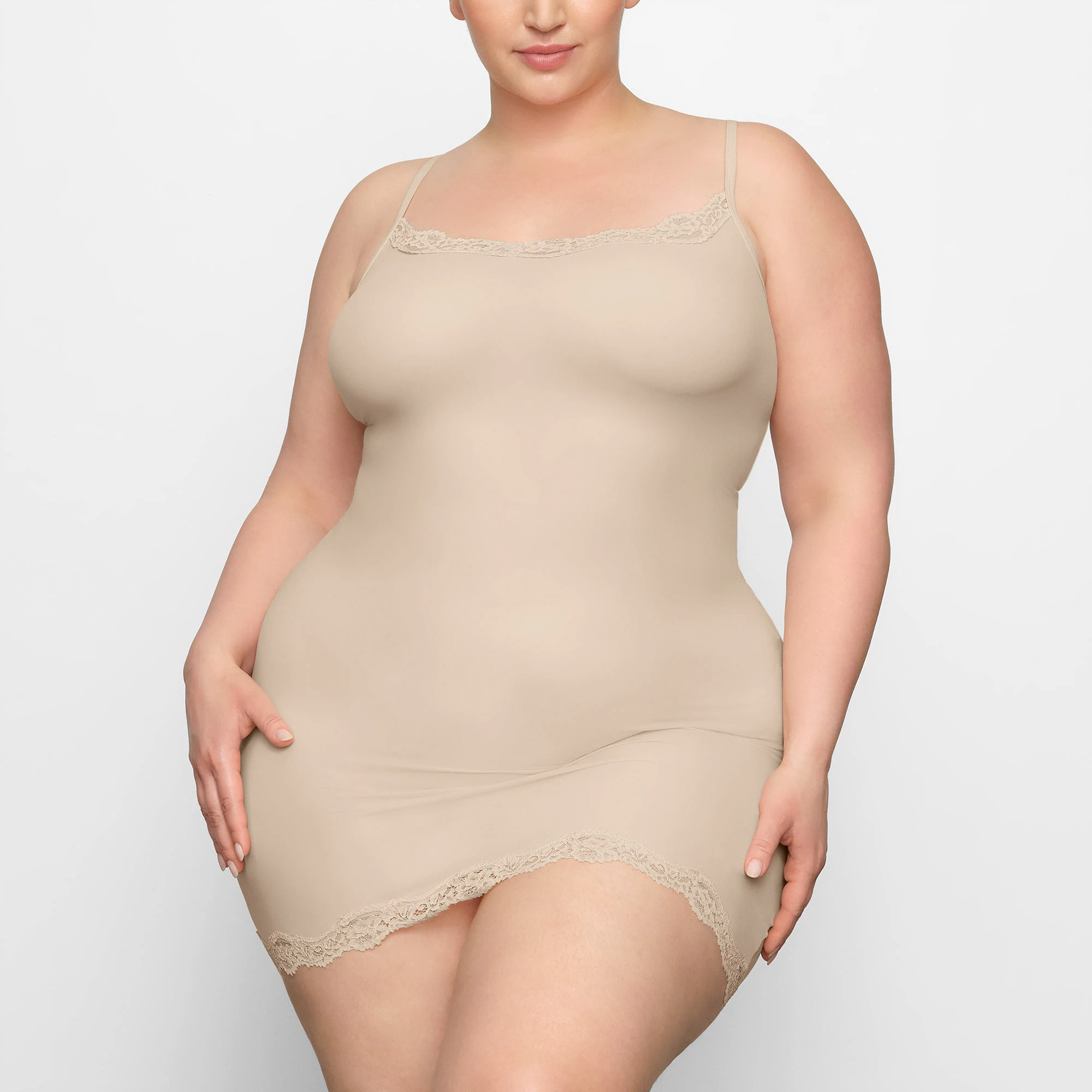 FITS EVERYBODY LACE SLIP DRESS WORN BY A MODEL IN FRONT VIEW | SEE: 2X, 3X, 4X