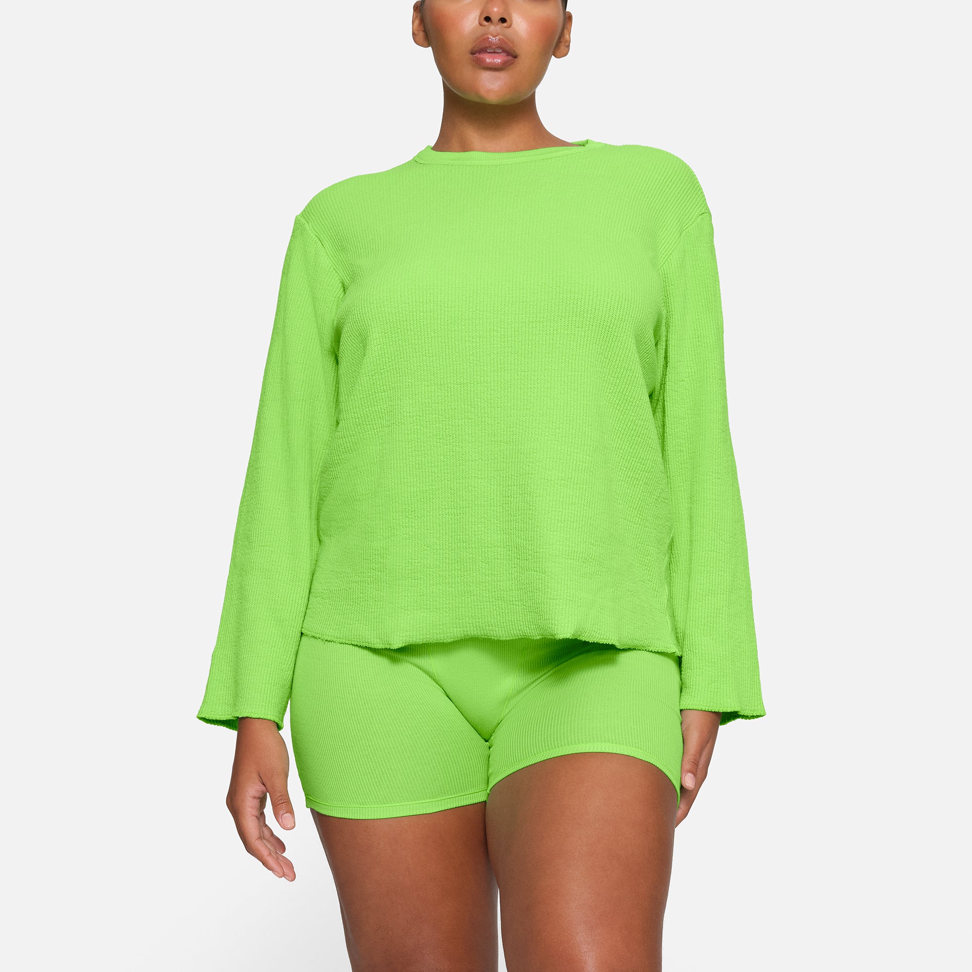 WAFFLE LONG SLEEVE T-SHIRT ON A MODEL IN FRONT VIEW | SEE: M, L, XL