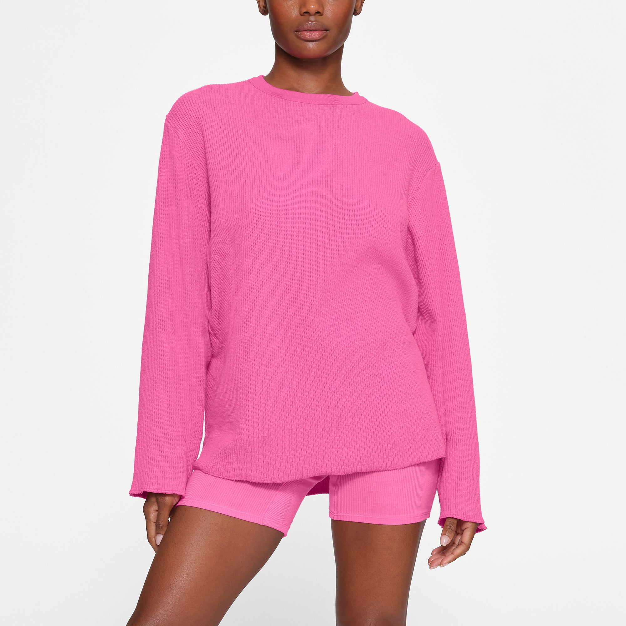 WAFFLE LONG SLEEVE T-SHIRT ON A MODEL IN FRONT VIEW | SEE: XXS, XS, S