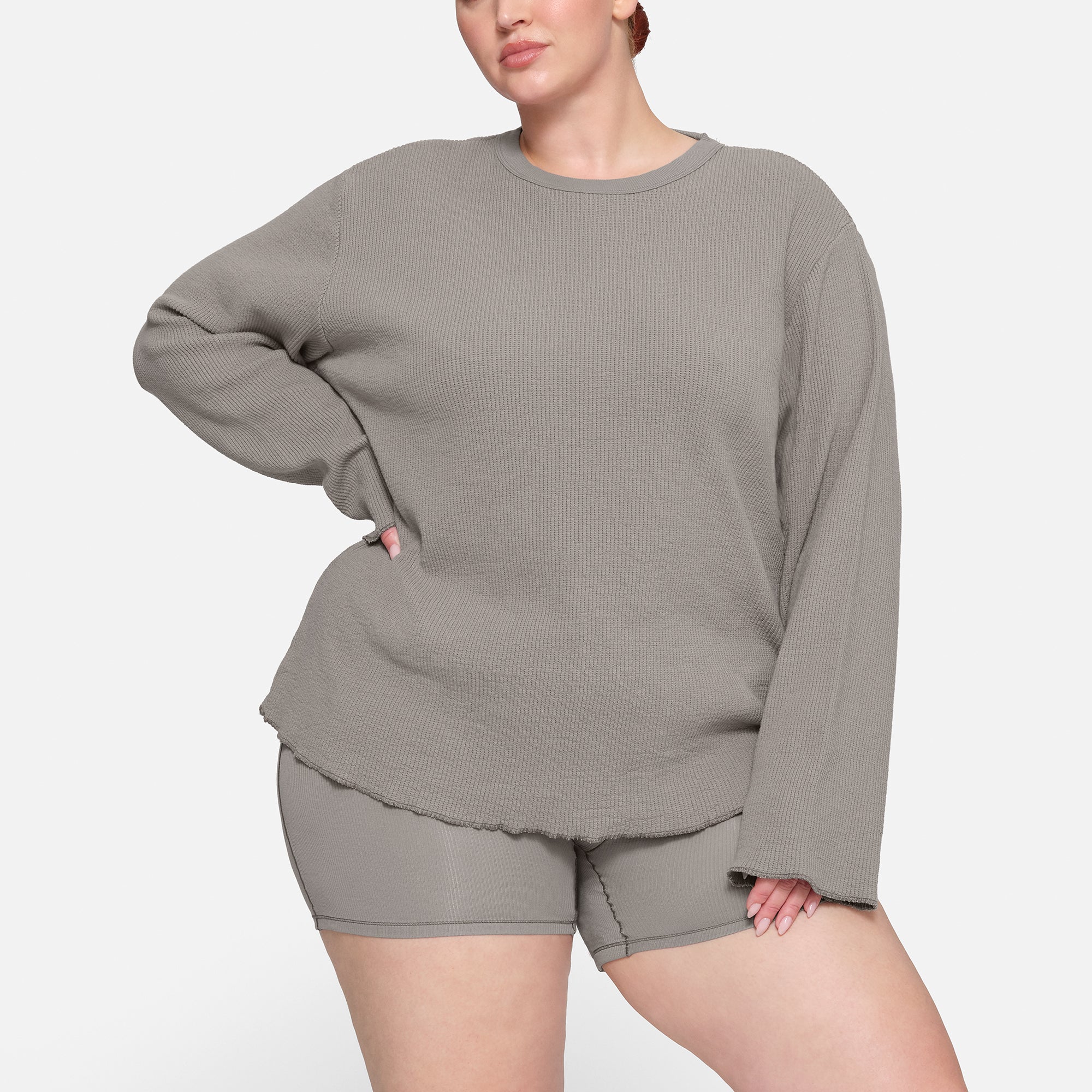 WAFFLE LONG SLEEVE T-SHIRT ON A MODEL IN FRONT VIEW | SEE: 2X, 3X, 4X