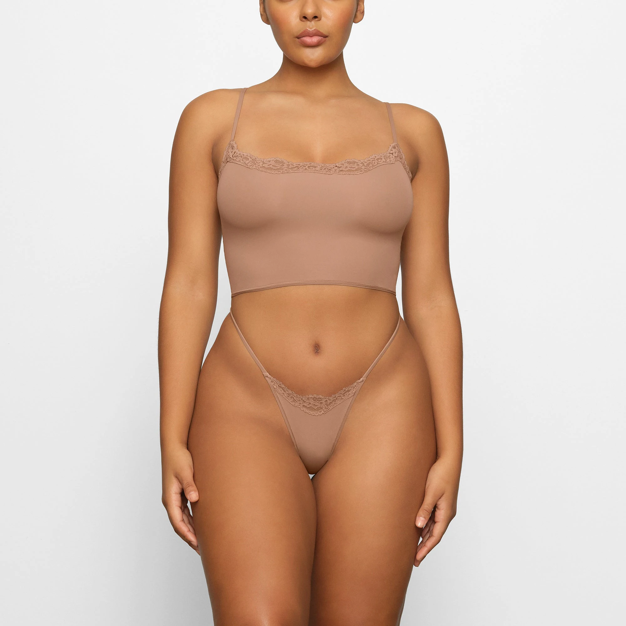 FITS EVERYBODY LACE CAMI WORN BY A MODEL IN FRONT VIEW | SEE: M, L, XL