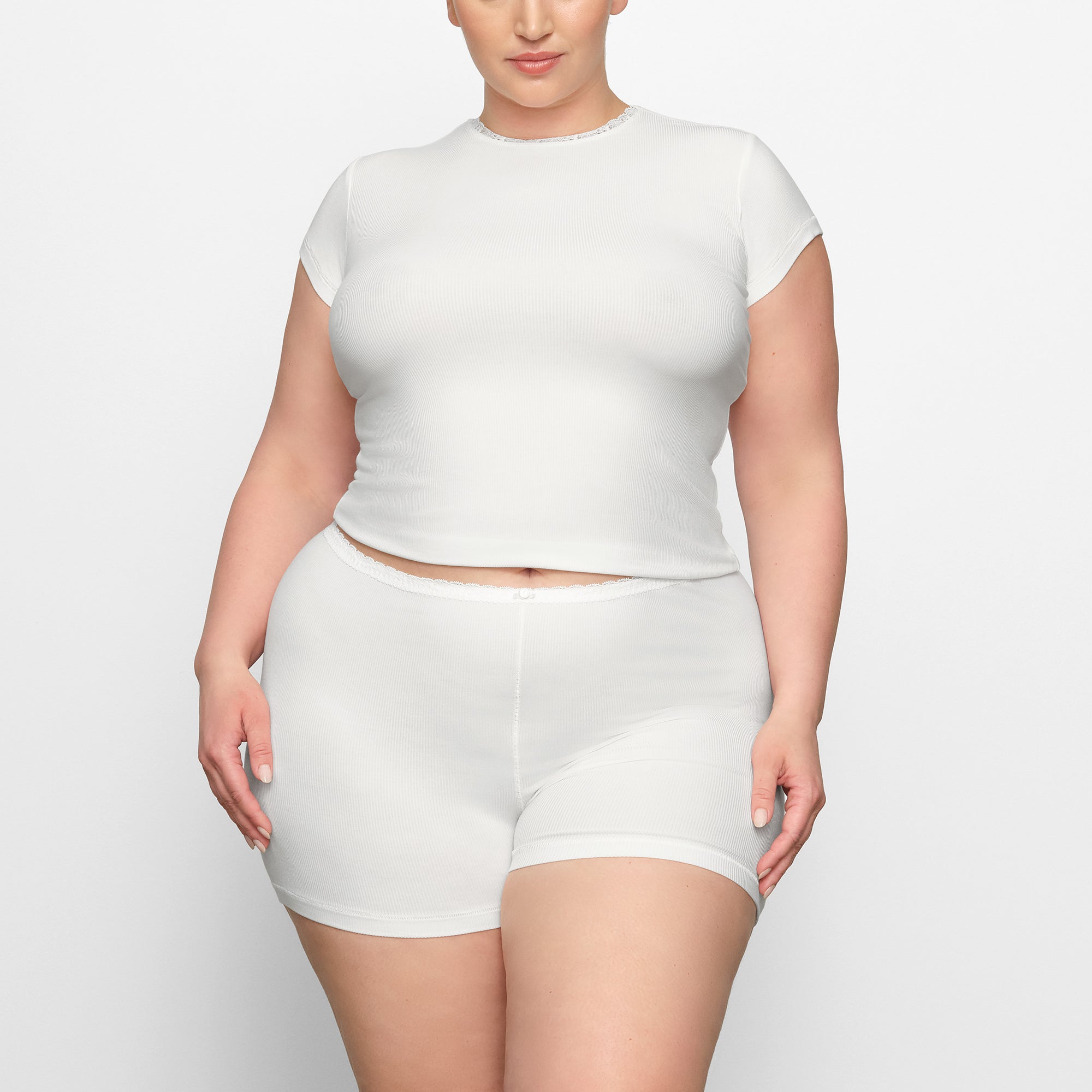 SOFT LOUNGE LACE T-SHIRT WORN BY A MODEL IN FRONT VIEW | SEE: 2X, 3X, 4X