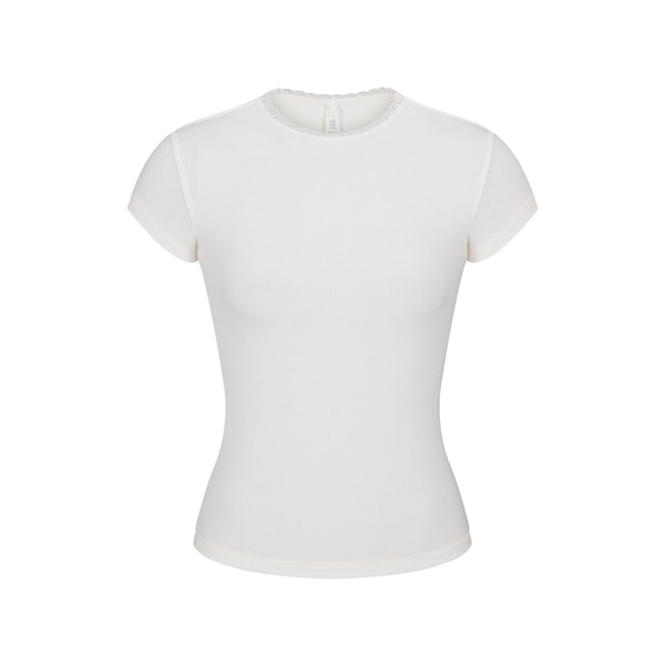 SOFT LOUNGE LACE T-SHIRT LAYS FLAT ON A WHITE BACKGROUND
