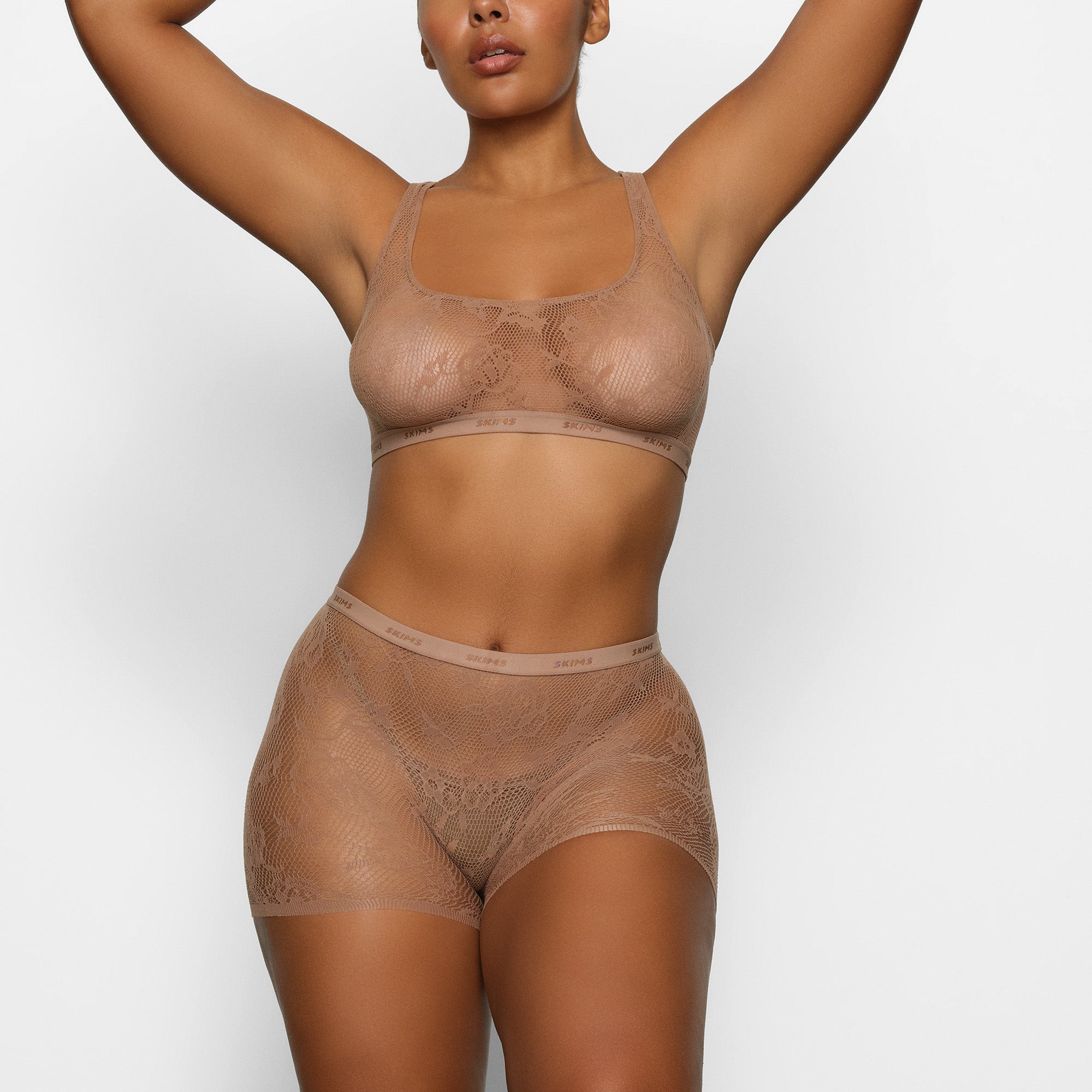 KNIT LACE BOY SHORT WORN BY A MODEL IN FRONT VIEW | SEE: M, L, XL