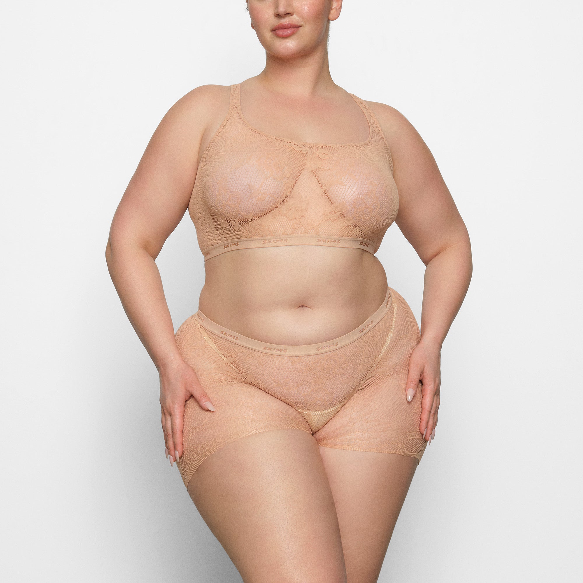 KNIT LACE BOY SHORT WORN BY A MODEL IN FRONT VIEW | SEE: 2X, 3X, 4X