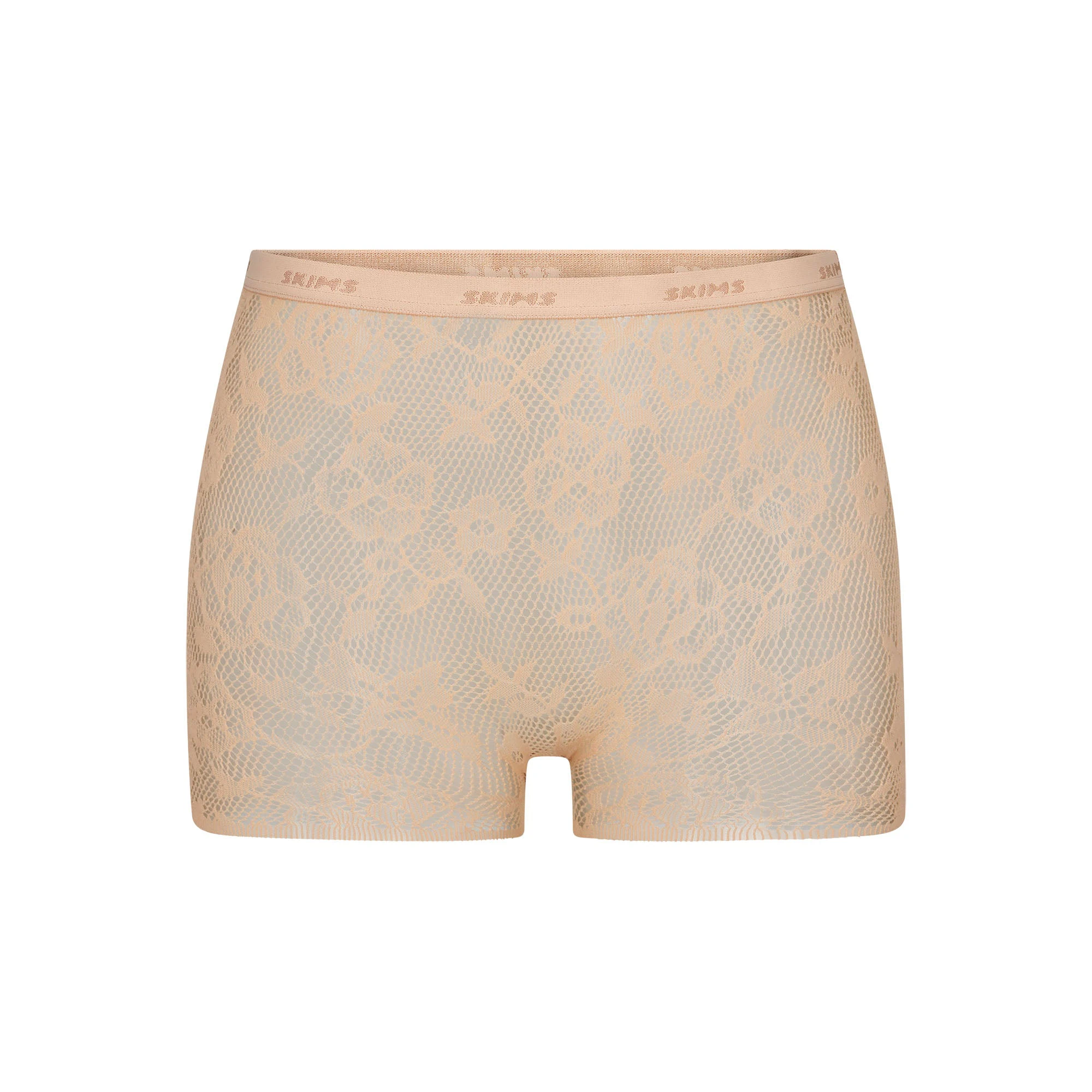 KNIT LACE BOY SHORT LAYS FLAT ON A WHITE BACKGROUND