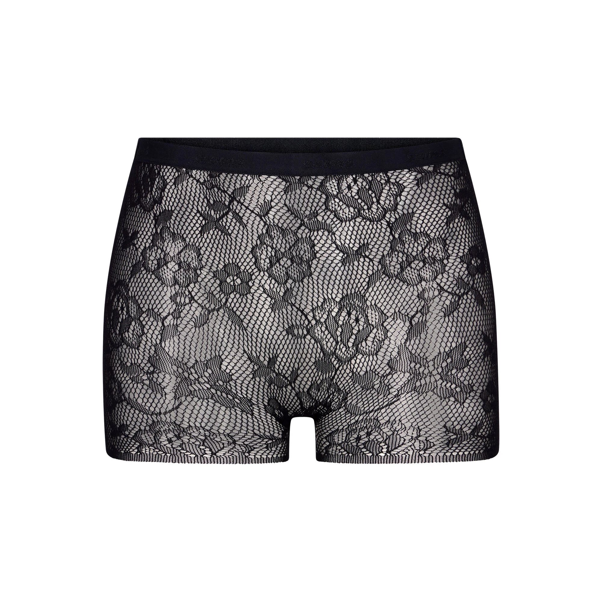 KNIT LACE BOY SHORT LAYS FLAT ON A WHITE BACKGROUND