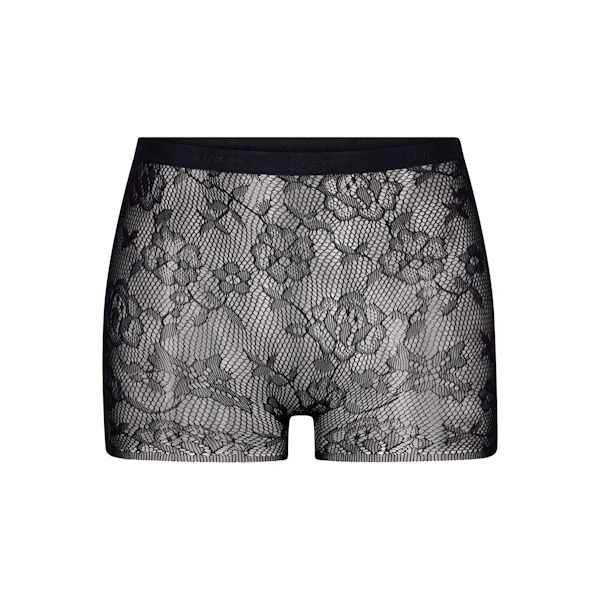 KNIT LACE BOY SHORT LAYS FLAT ON A WHITE BACKGROUND