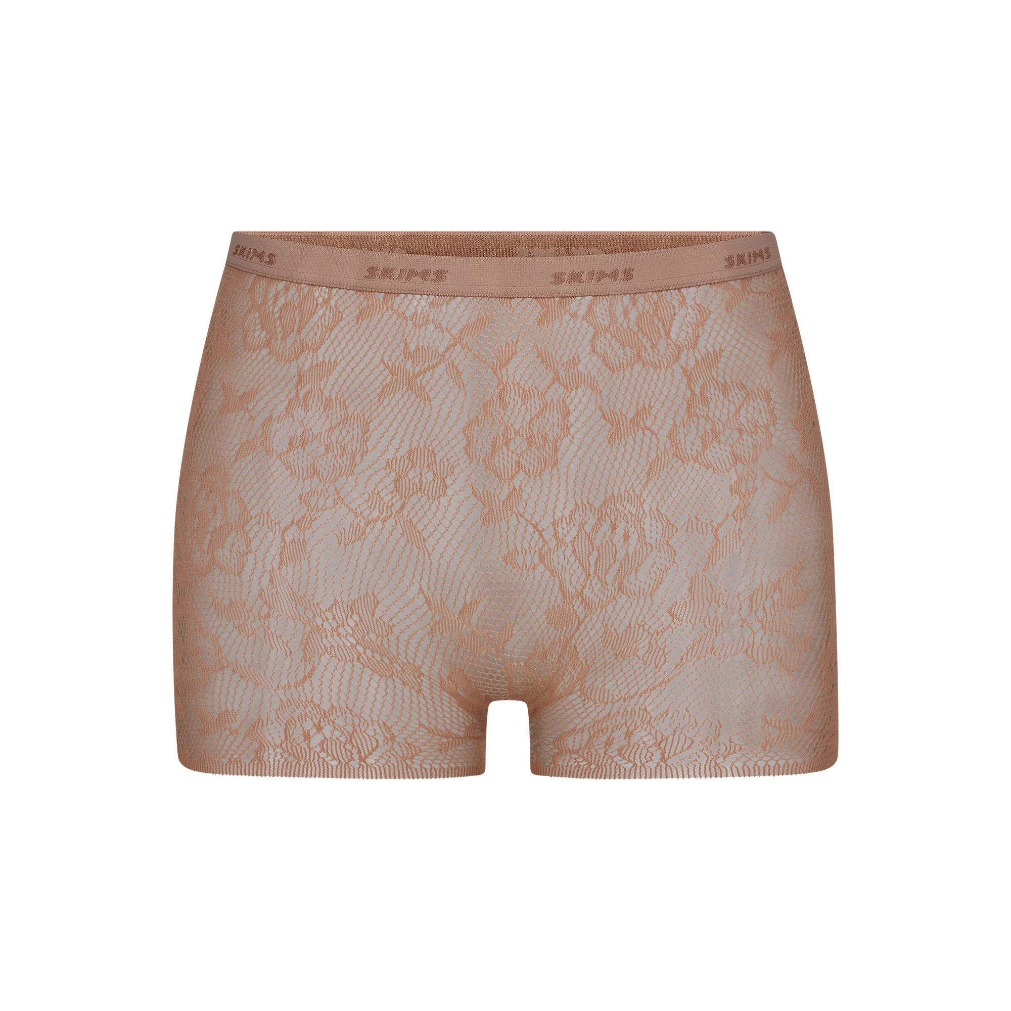 KNIT LACE BOY SHORT LAYS FLAT ON A WHITE BACKGROUND