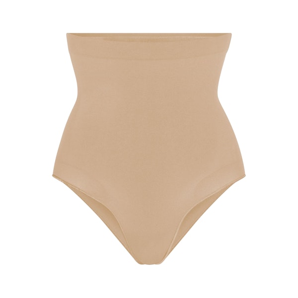 SEAMLESS SCULPT HIGH-WAISTED BRIEF | CLAY (SHAPEWEAR BRIEFS, PANTIES) LAYS FLAT ON A WHITE BACKGROUND | FLT