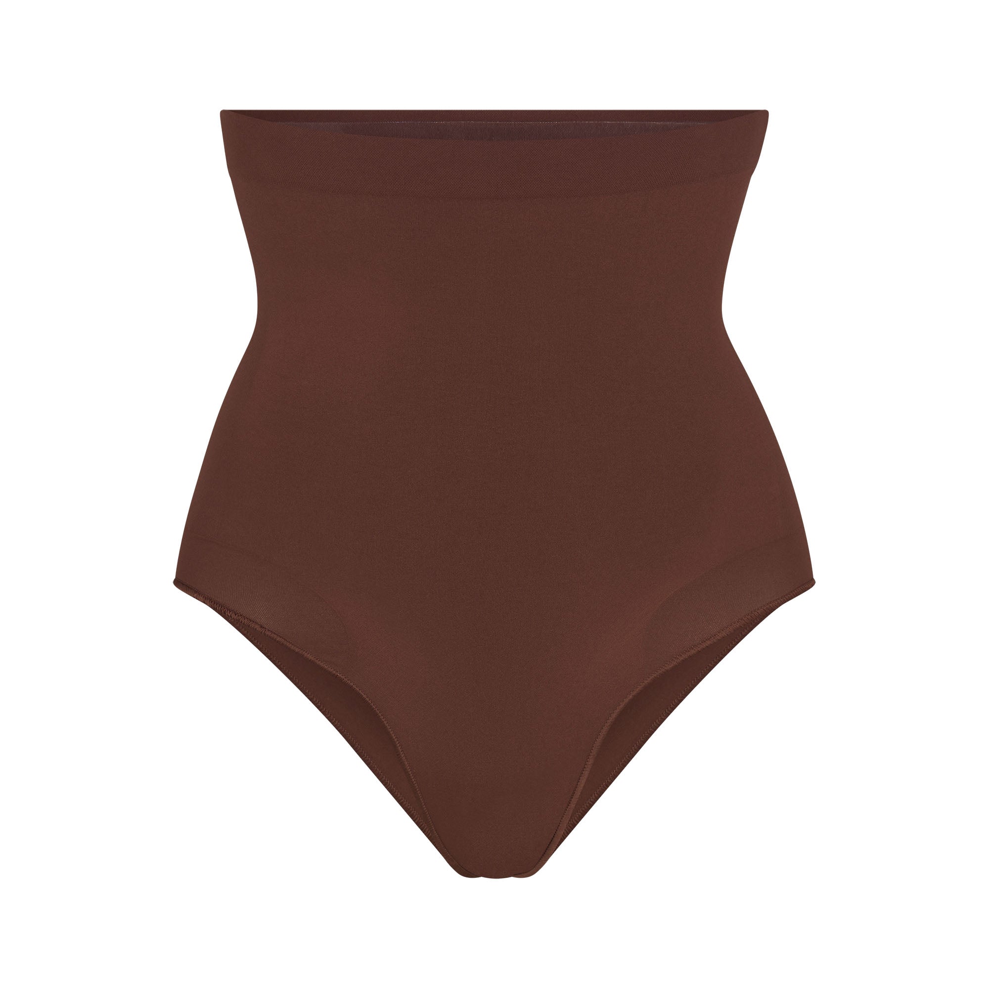 SEAMLESS SCULPT HIGH-WAISTED BRIEF | COCOA (SHAPEWEAR BRIEFS, SHAPEWEAR) LAYS FLAT ON A WHITE BACKGROUND | FLT