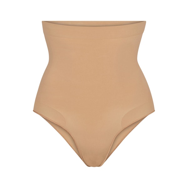 SEAMLESS SCULPT HIGH-WAISTED BRIEF | OCHRE (SHAPEWEAR BRIEFS, PANTIES) LAYS FLAT ON A WHITE BACKGROUND | FLT