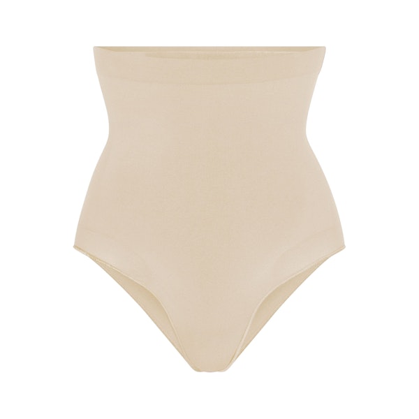 SEAMLESS SCULPT HIGH-WAISTED BRIEF | SAND (SHAPEWEAR BRIEFS, PANTIES) LAYS FLAT ON A WHITE BACKGROUND | FLT