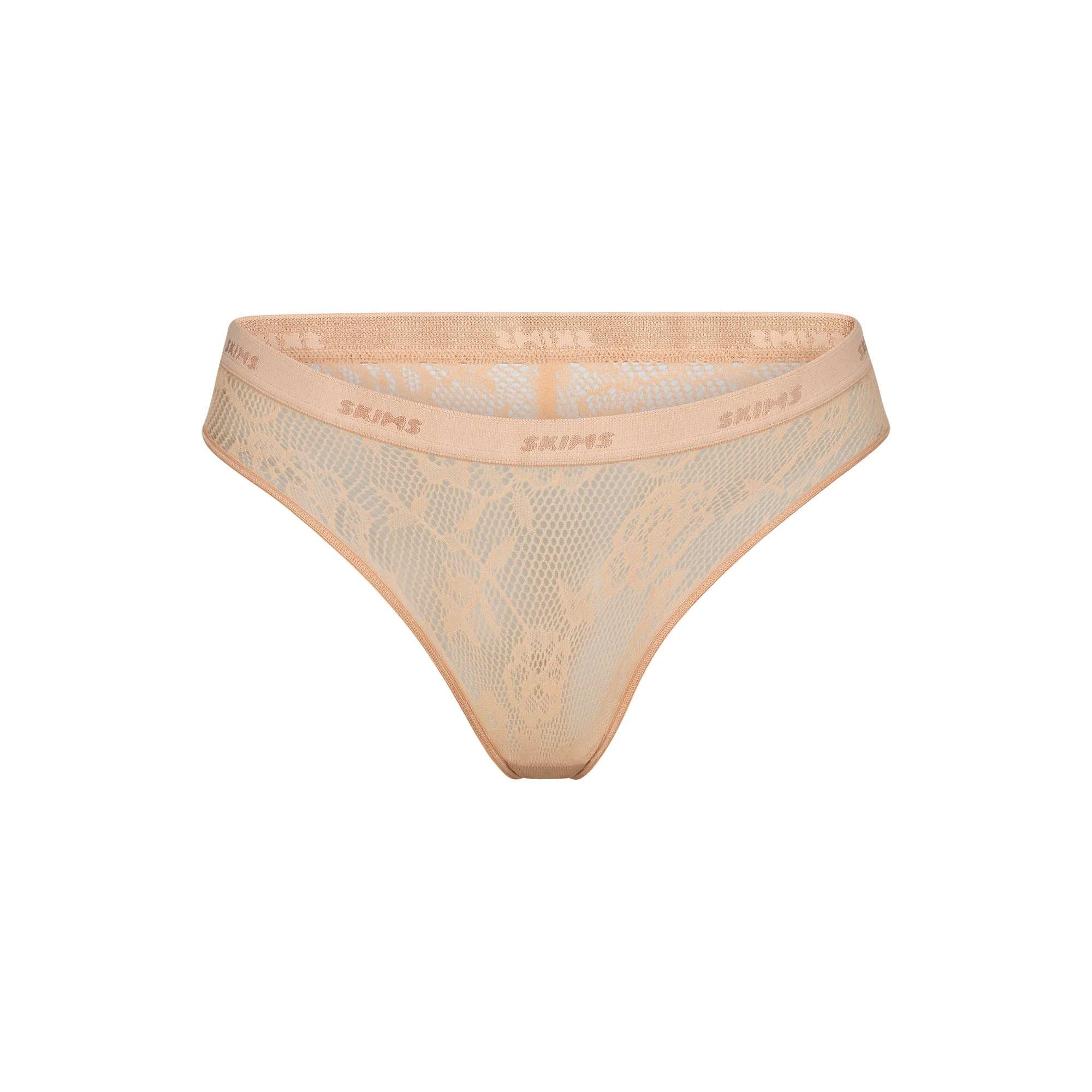 KNIT LACE CHEEKY BRIEF LAYS FLAT ON A WHITE BACKGROUND