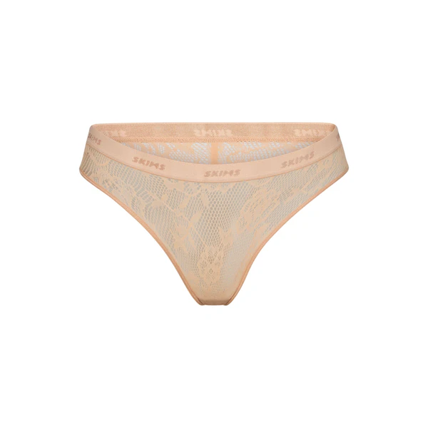 KNIT LACE CHEEKY BRIEF LAYS FLAT ON A WHITE BACKGROUND