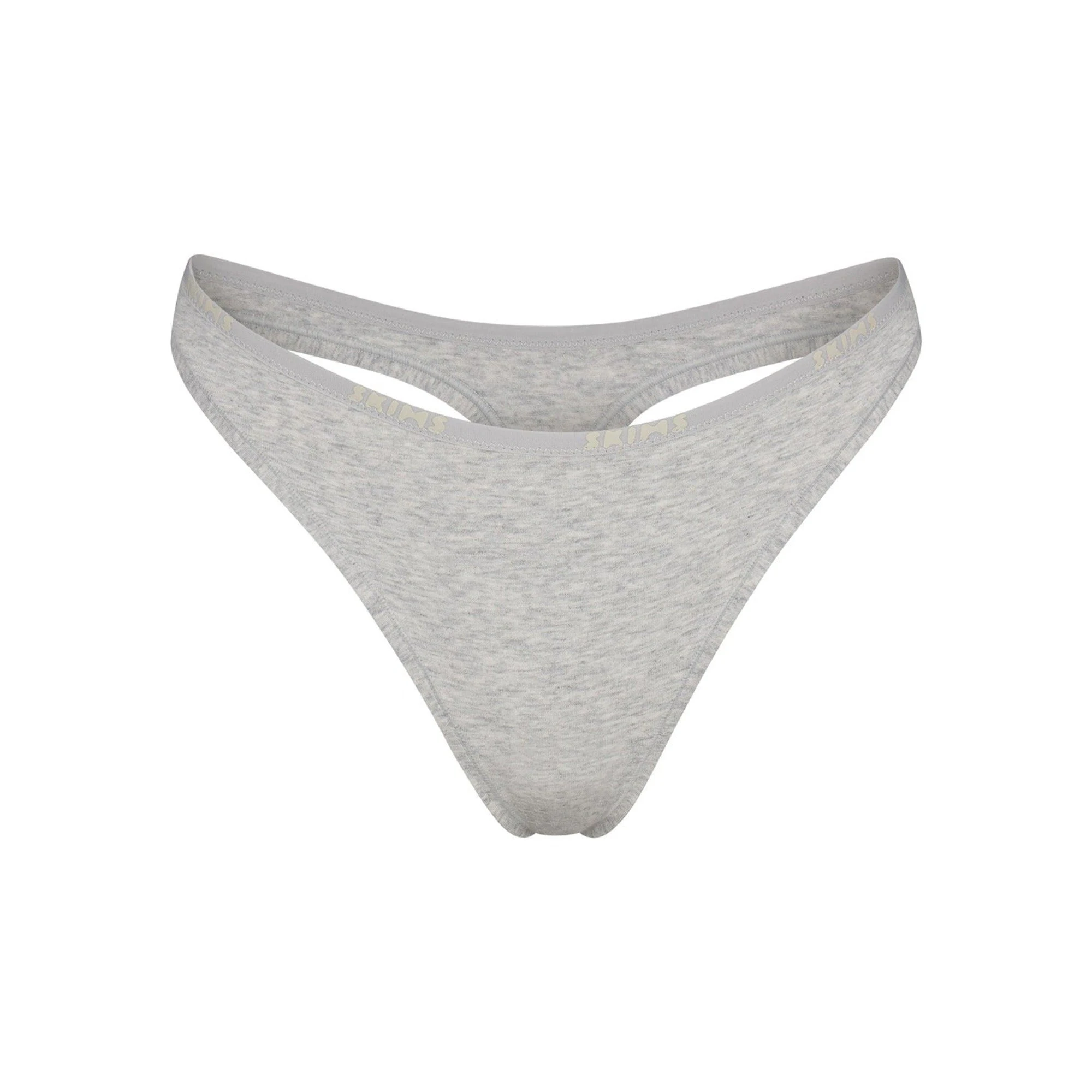 COTTON LOGO DIPPED THONG | LIGHT HEATHER GREY (THONGS, PANTIES) LAYS FLAT ON A WHITE BACKGROUND | FLT