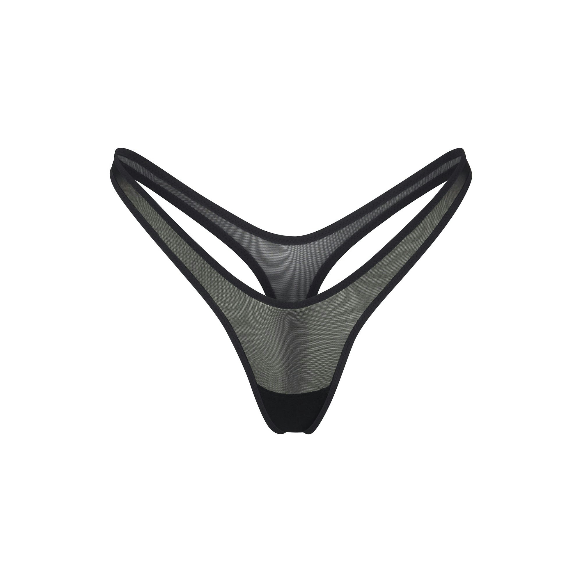 ULTRA FINE MESH MICRO DIPPED THONG | ONYX (THONGS, PANTIES) LAYS FLAT ON A WHITE BACKGROUND | FLT