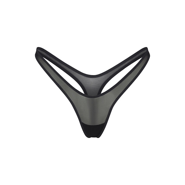ULTRA FINE MESH MICRO DIPPED THONG | ONYX (THONGS, PANTIES) LAYS FLAT ON A WHITE BACKGROUND | FLT