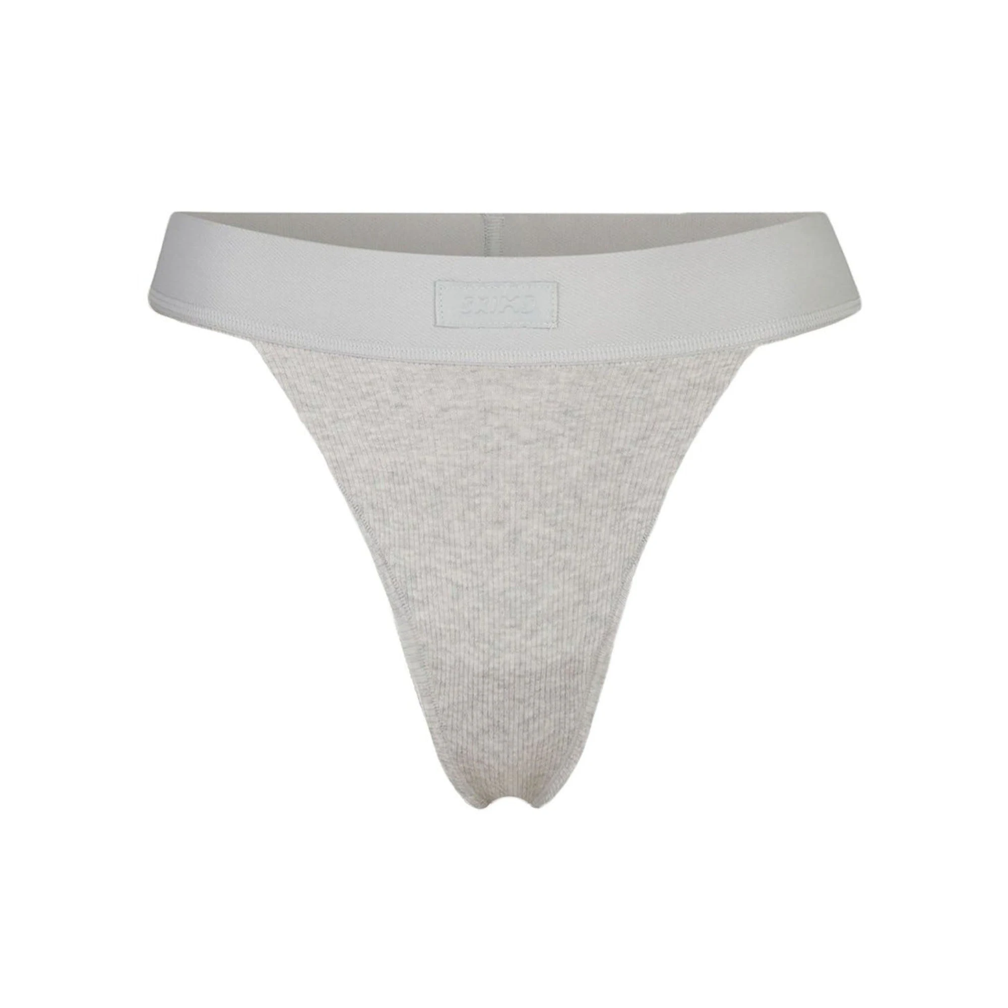 COTTON RIB THONG | LIGHT HEATHER GREY (THONGS, PANTIES) LAYS FLAT ON A WHITE BACKGROUND | FLT