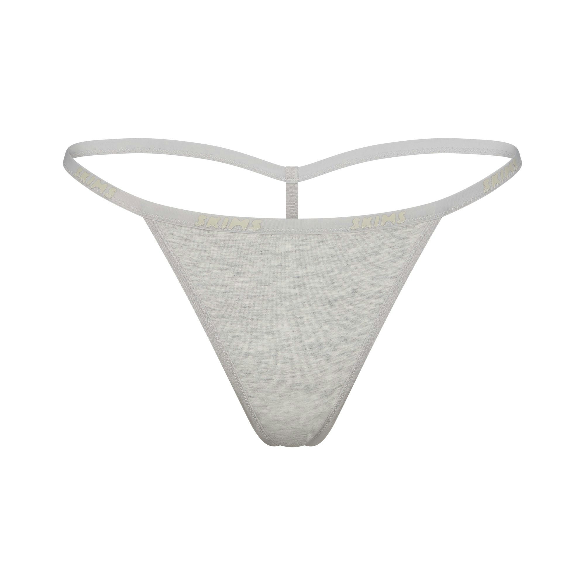 COTTON LOGO STRING THONG | LIGHT HEATHER GREY (THONGS, PANTIES) LAYS FLAT ON A WHITE BACKGROUND | FLT