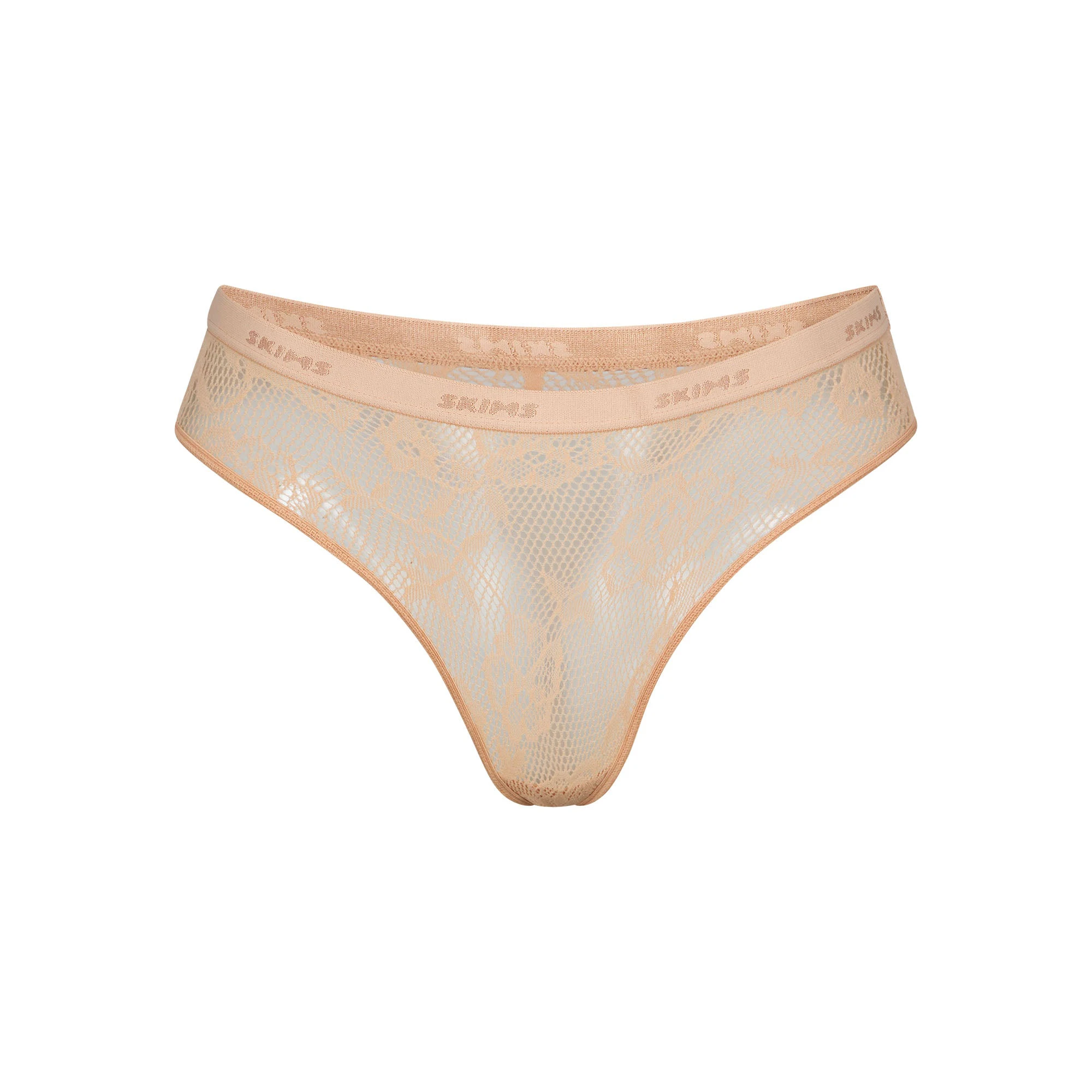 KNIT LACE DIPPED THONG LAYS FLAT ON A WHITE BACKGROUND